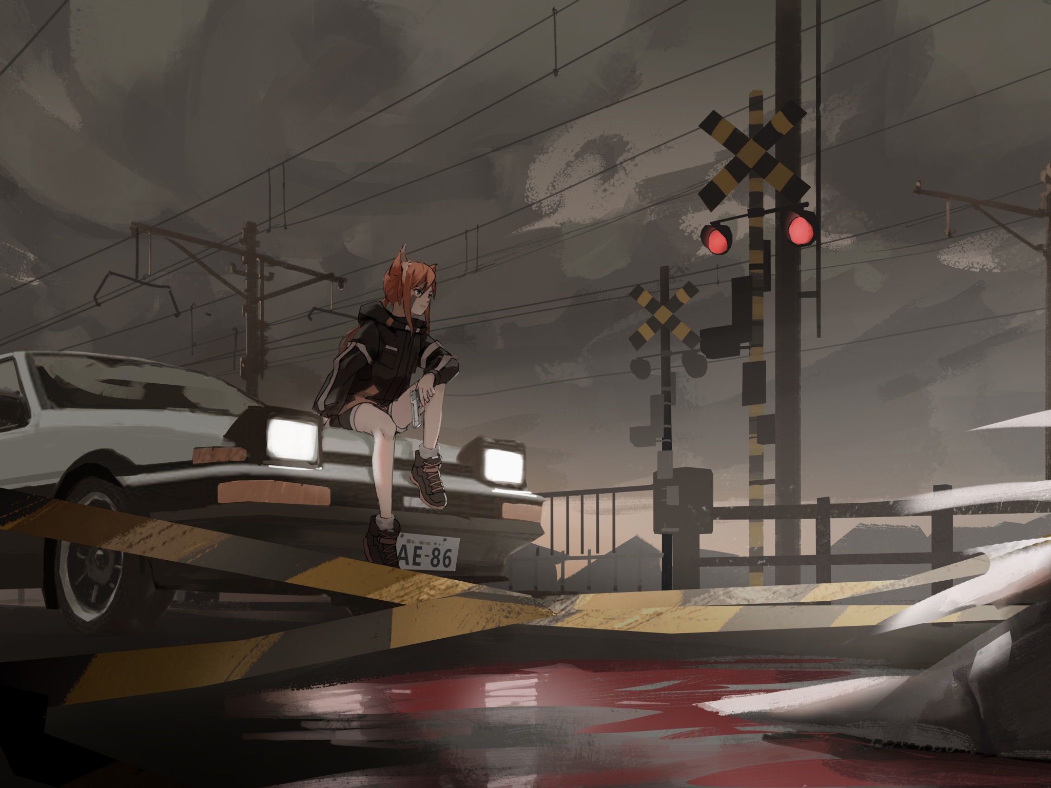 Wallpaper 4k Anime Girl On Train Track With Car Wallpaper