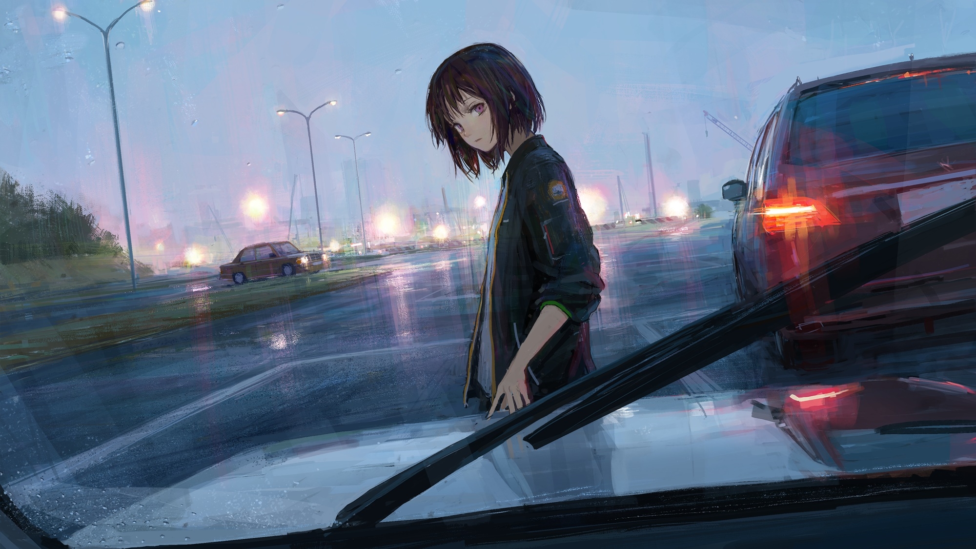 Download 3840x2160 Anime Girl, Cars, Painting, Road, Lights, Short Hair Wallpaper for UHD TV