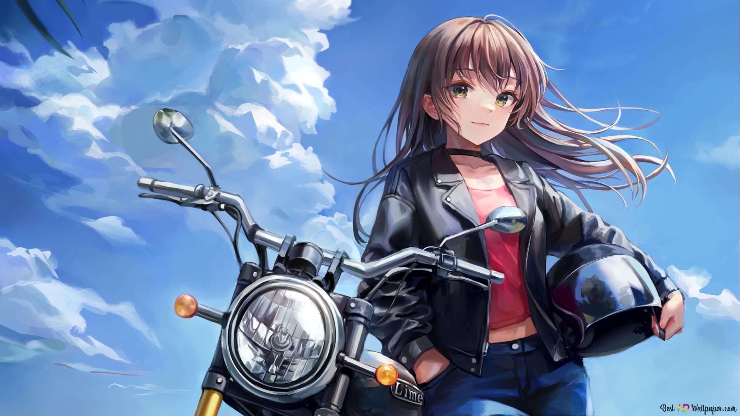Stance of beautiful anime girl near motorcycle posing with cloudy sky view 2K wallpaper download