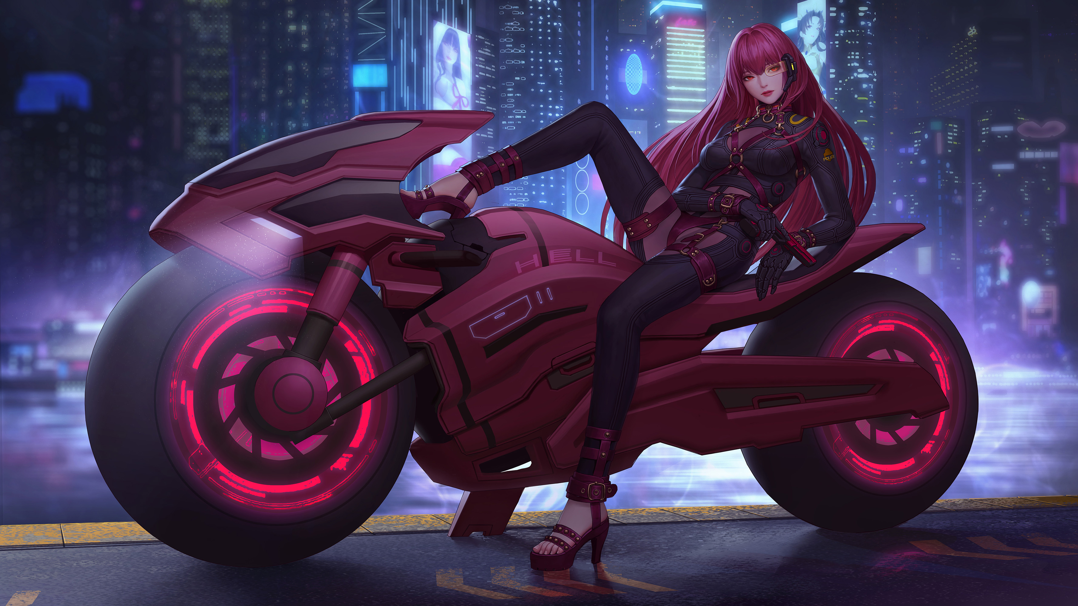 Anime Girls Motorcycle Fate Grand Order City Night Gun Beast Road Redhead Futuristic Chaos Wallpaper:3555x2000