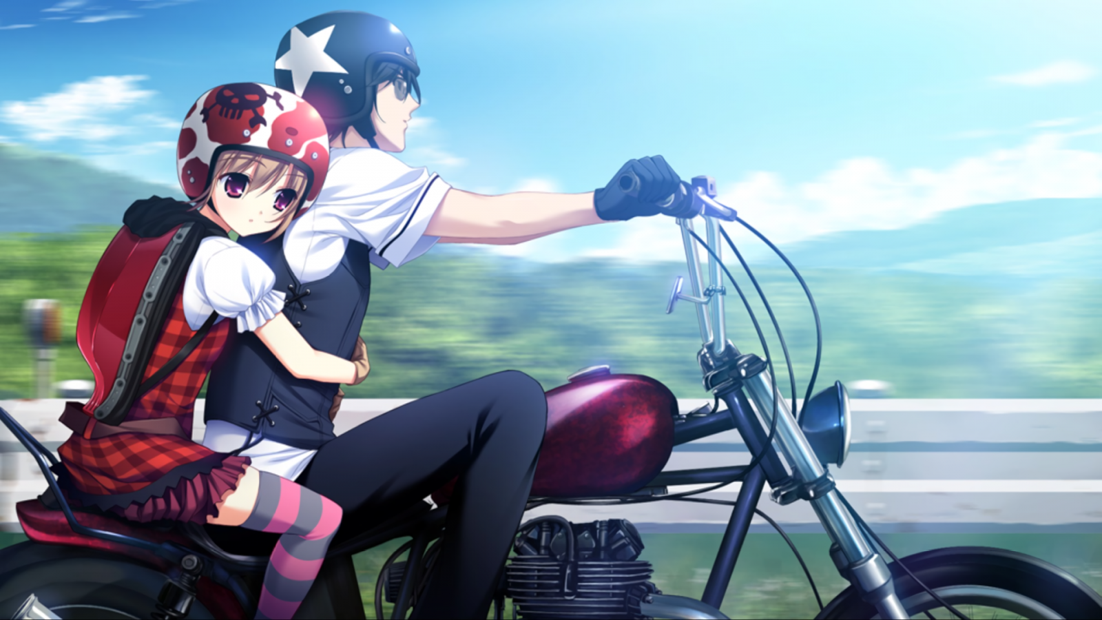 Wallpaper, anime, motorcycle, vehicle, Grisaia no Kajitsu, Kazami Yuuji, Irisu Makina, motorcycling 1920x1080