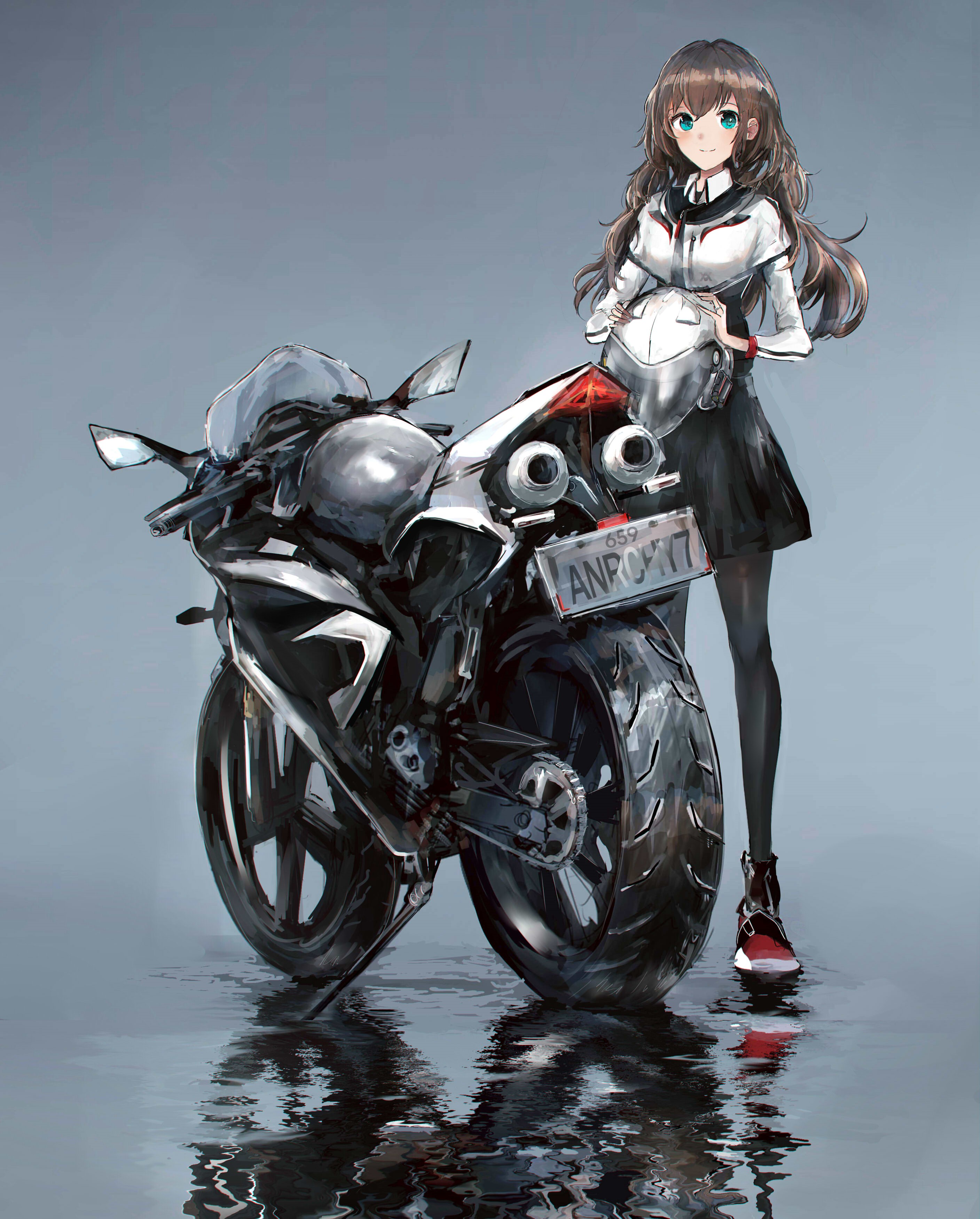 SWAV, motorcycle, portrait display, brunette, helmet, anime girls, anime, aqua eyes Gallery HD Wallpaper
