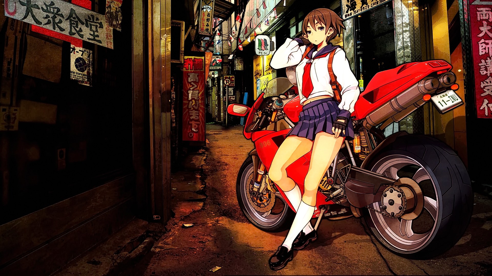 Wallpaper, street, night, anime girls, short hair, brunette, bicycle, looking at viewer, motorcycle, vehicle, road, school uniform, original characters 1920x1080