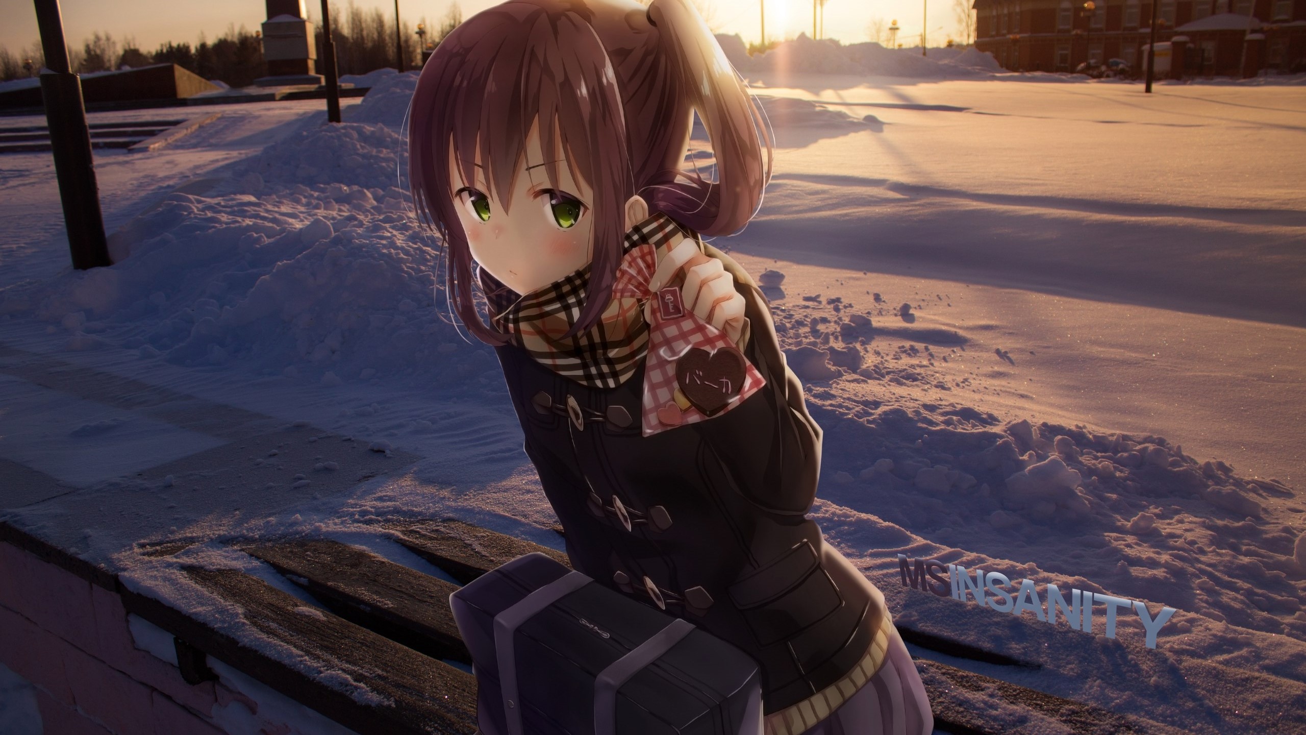 Wallpaper / anime girls, snow, green eyes, winter, outdoors, anime free download