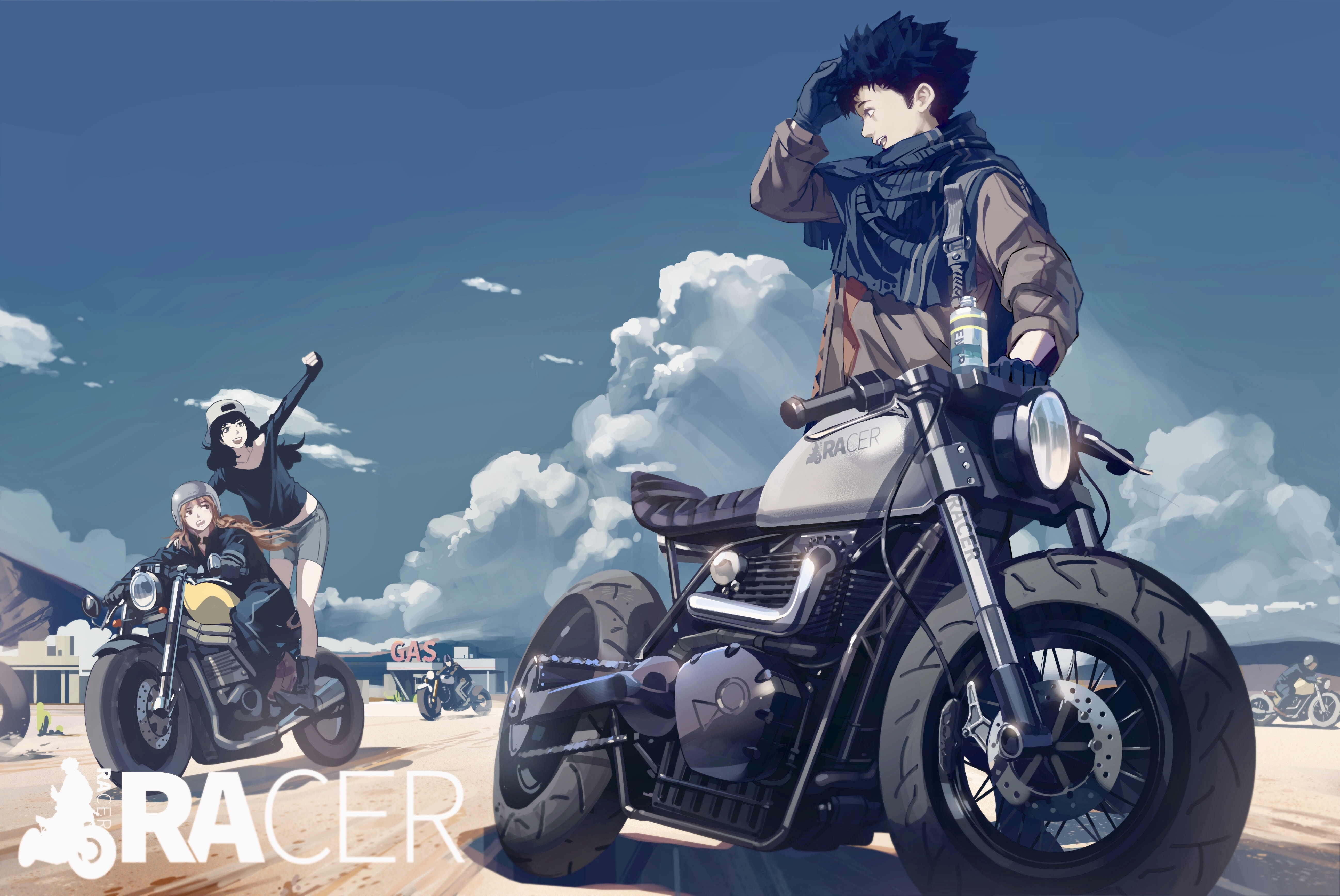 Download 3840x2160 Anime Boy, Motorcycle, Racer Friends, Anime Girls Wallpaper for UHD TV