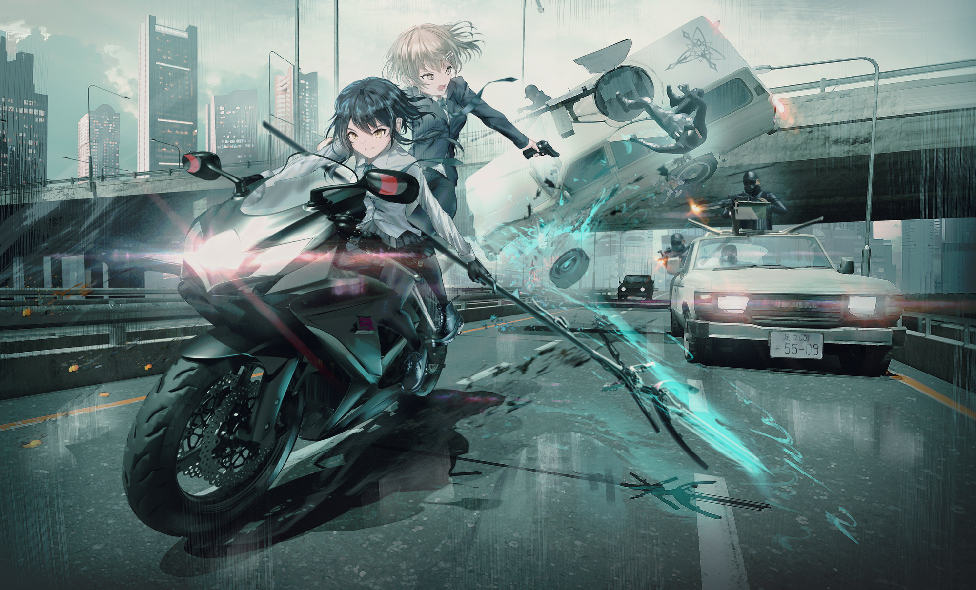 Anime Anime Girls SWAV Artwork Road Motorcycle Car Wallpaper:2000x1210