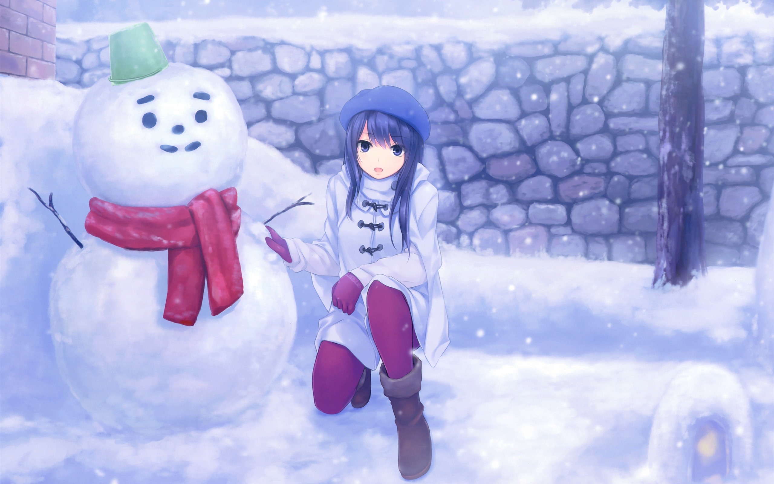 Wallpaper Anime girl and snowman, snowy 2880x1800 HD Picture, Image