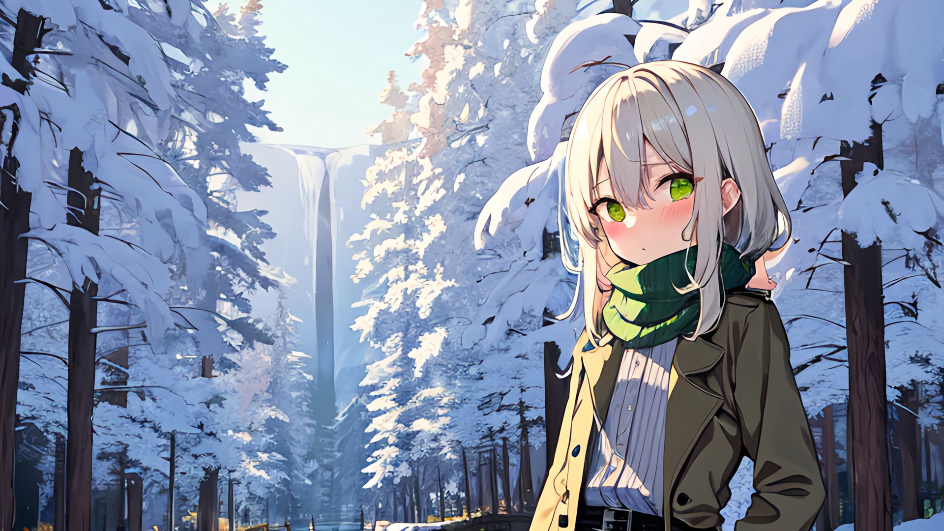 Download wallpaper 1920x1080 girl, river, snow, winter, anime, art full hd, hdtv, fhd, 1080p HD background