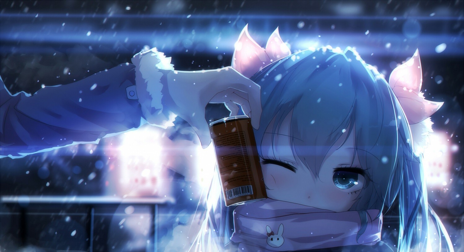 Wallpaper, anime girls, snow, Vocaloid, Hatsune Miku, scarf, twintails, winking, machine, can, games, screenshot, computer wallpaper, special effects 1500x814