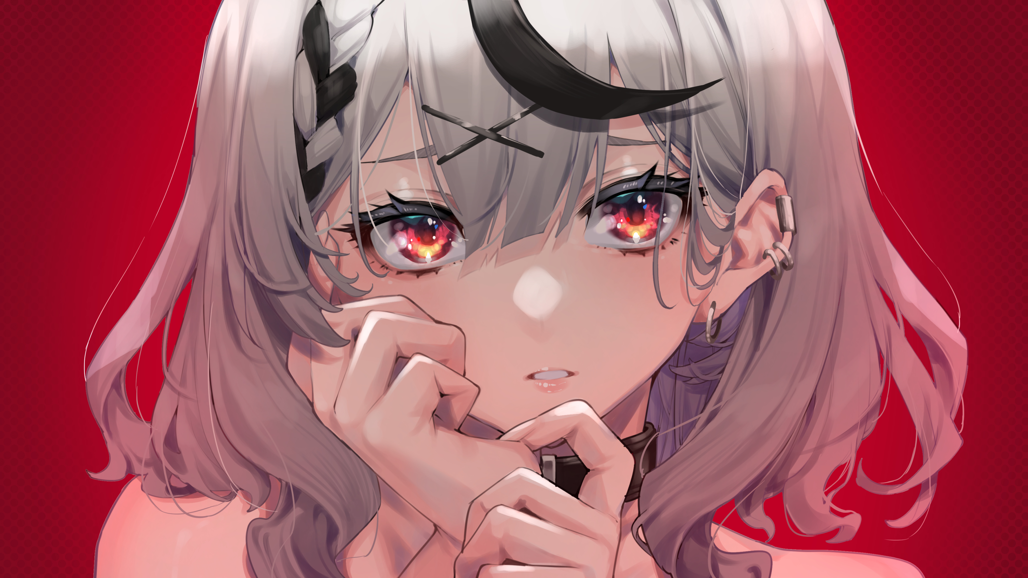 Wallpaper, anime girls, white hair, red eyes, red background 3378x1900