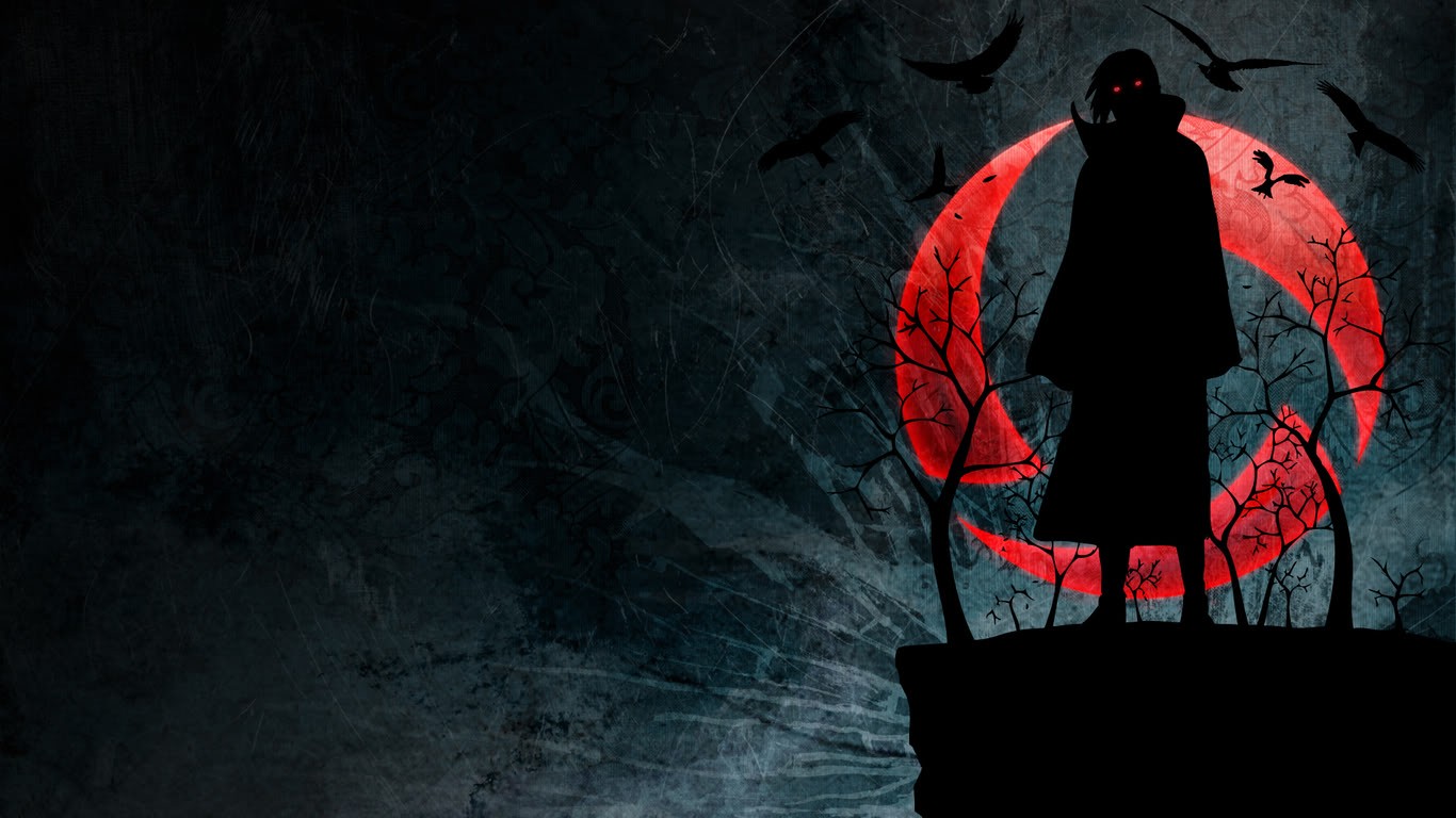 Wallpaper, anime, red, glowing eyes, raven, Naruto Shippuuden, Sharingan, grunge, Akatsuki, Uchiha Itachi, darkness, screenshot, computer wallpaper 1366x768
