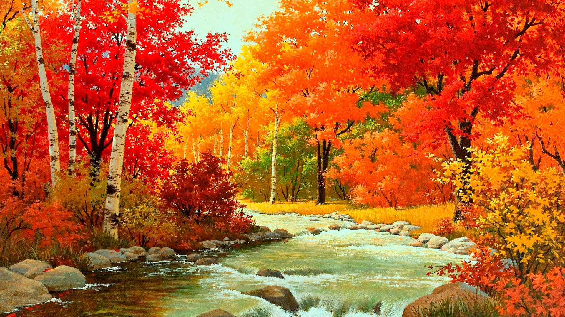 Download 2560x1440 Fall Stream And Trees Wallpaper