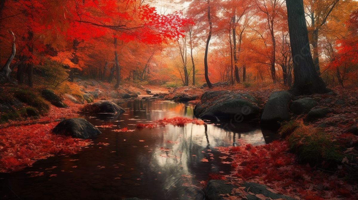 Stream In An Autumn Forest Background, Red Fall Picture Background Image And Wallpaper for Free Download