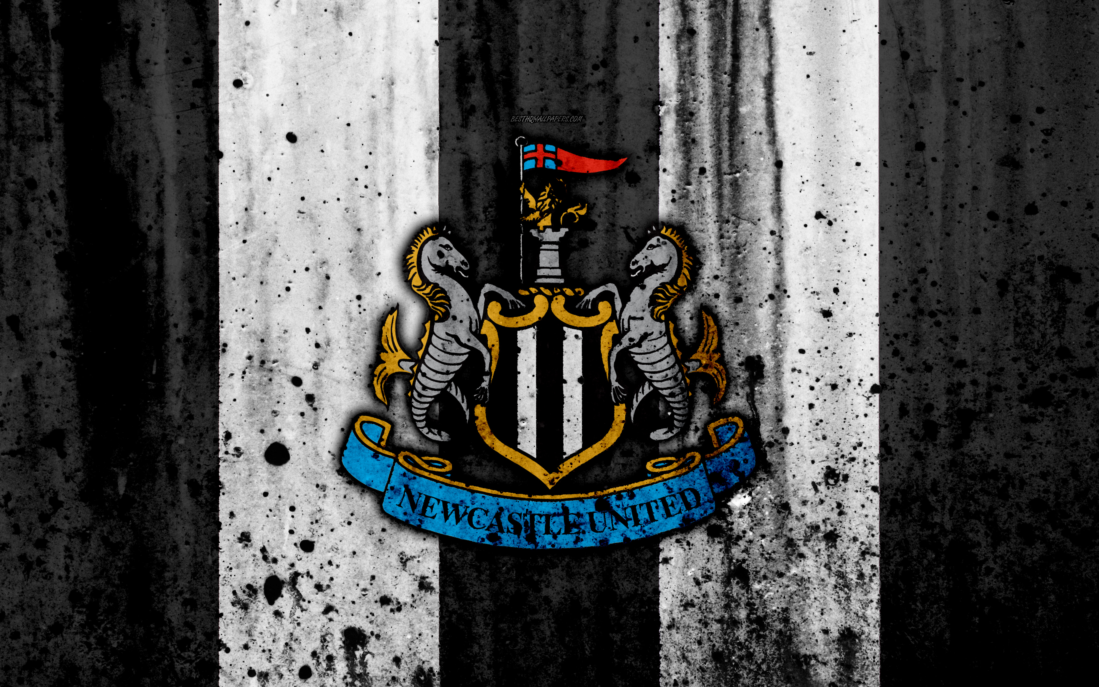Download wallpaper FC Newcastle United, 4k, Premier League, logo, England, soccer, football club, grunge, Newcastle United, art, stone texture, Newcastle United FC for desktop with resolution 3840x2400. High Quality HD picture wallpaper