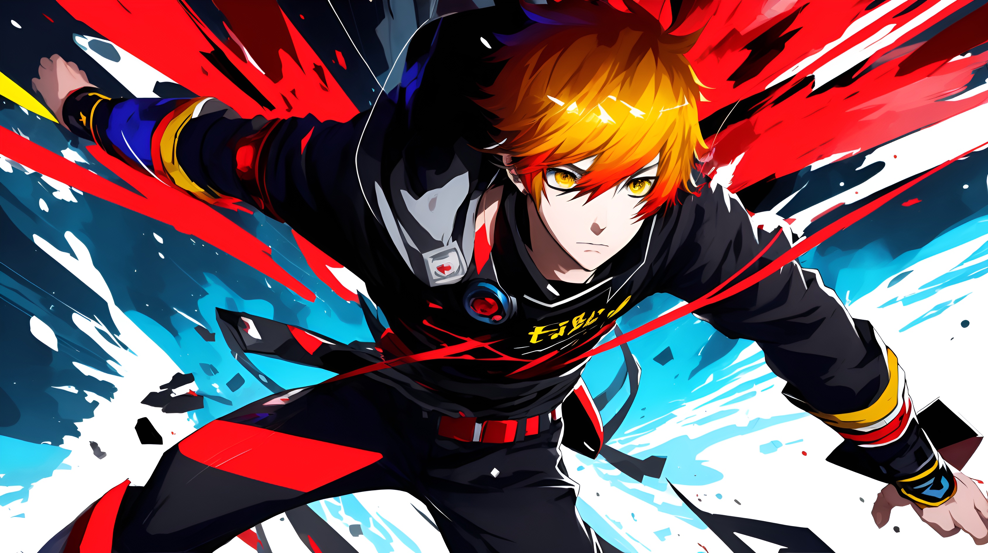anime boy, reality shattering like breaking glass, colorful black red yellow blue
