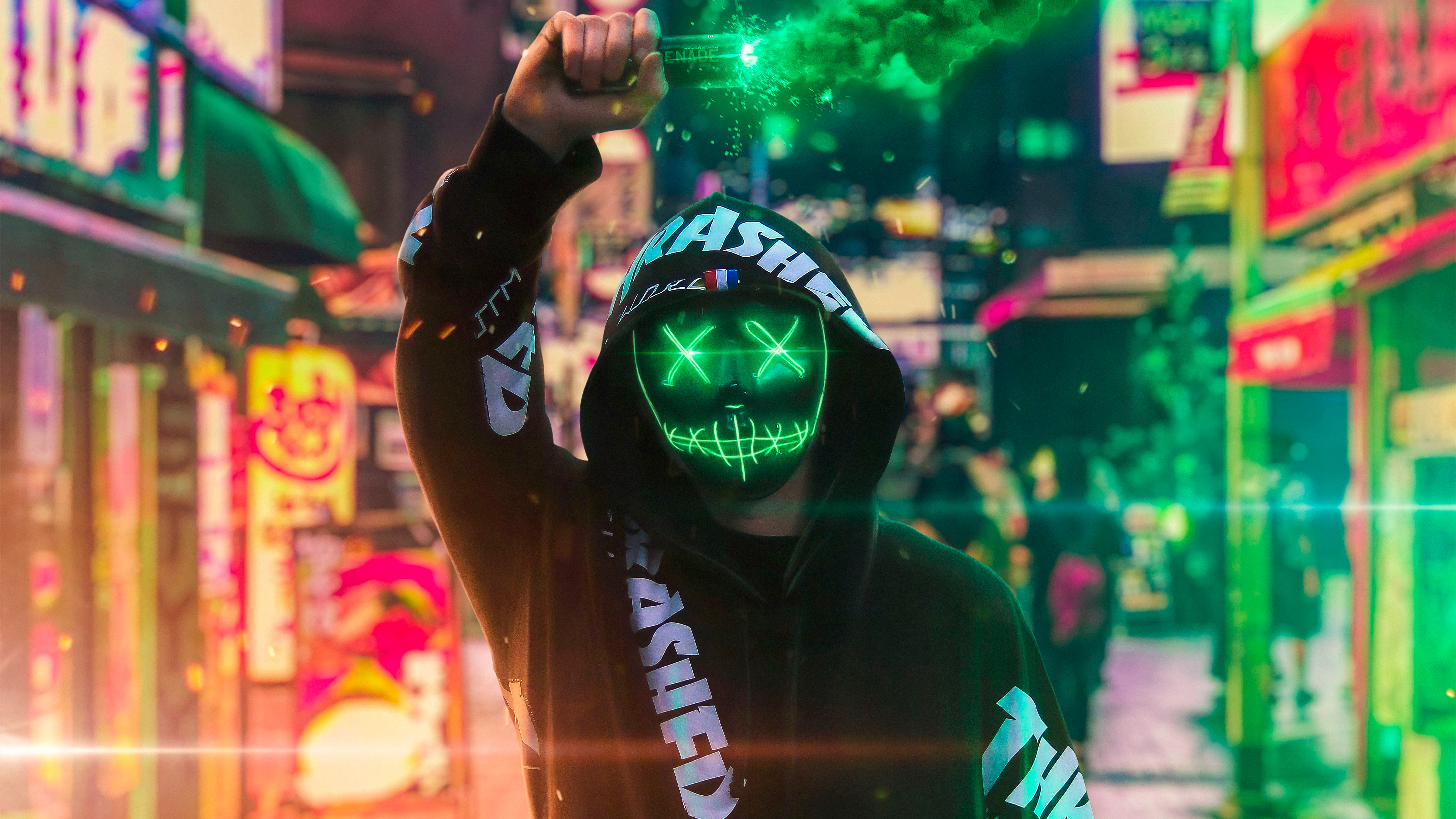 artist, hd, 4k, neon, mask, green, smoke, 5k Gallery HD Wallpaper