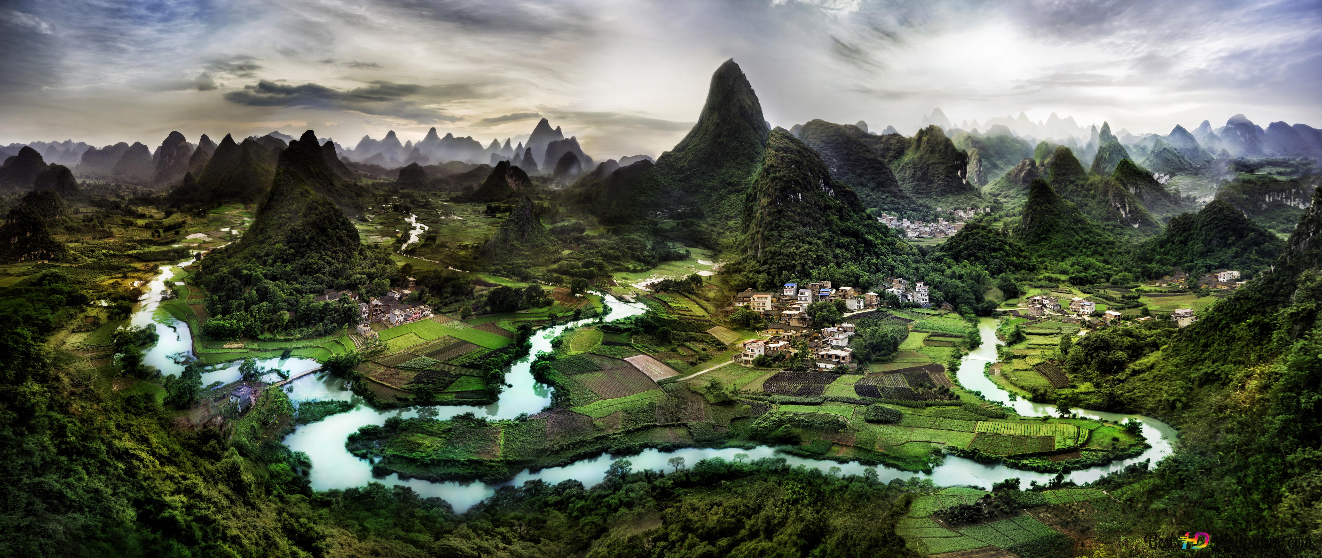 View of the village in the countryside 8K wallpaper download