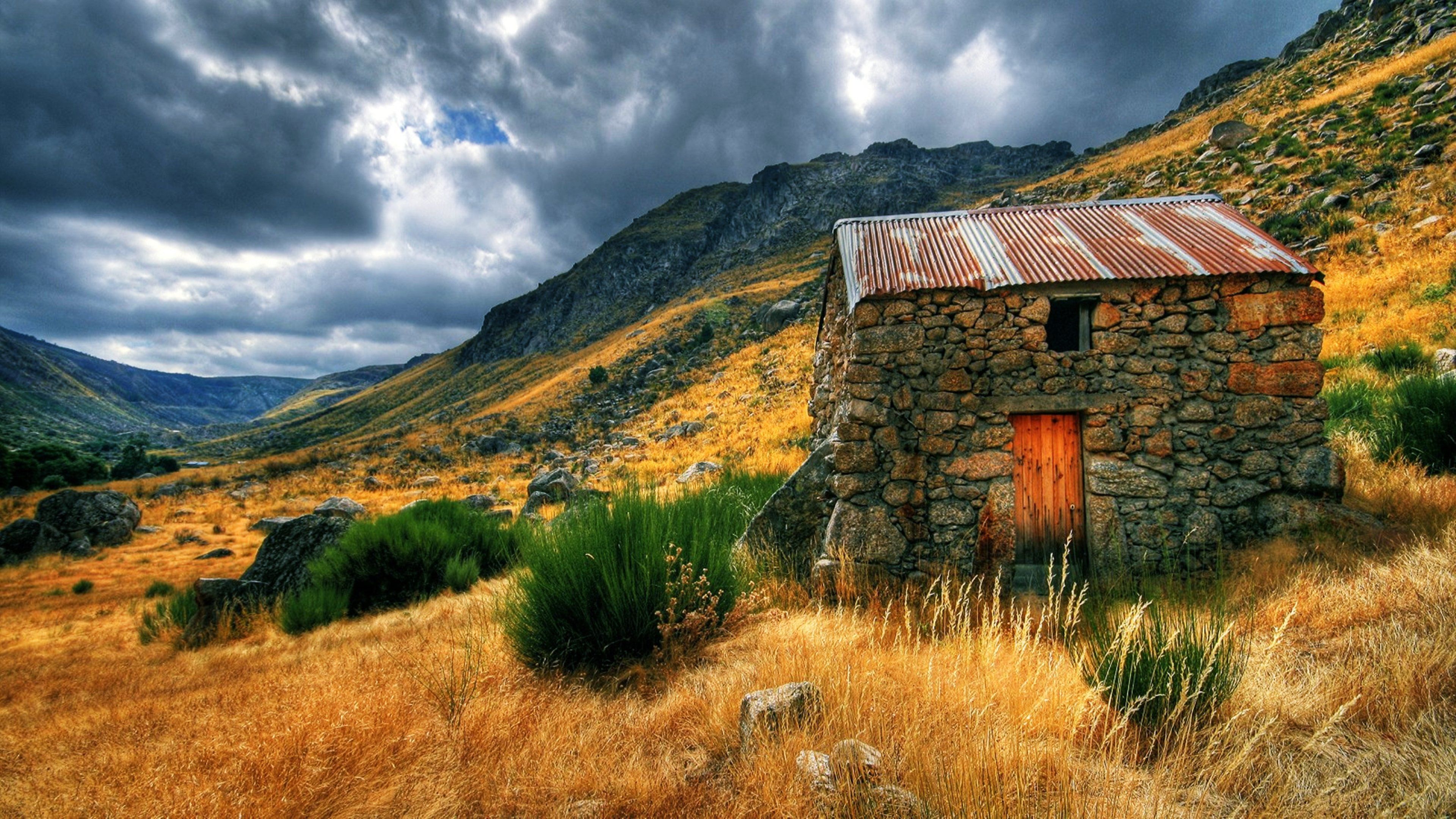 Nature House Countryside Hut Landscape rustic wallpaperx2160. Stone cabin, Old stone houses, House in nature