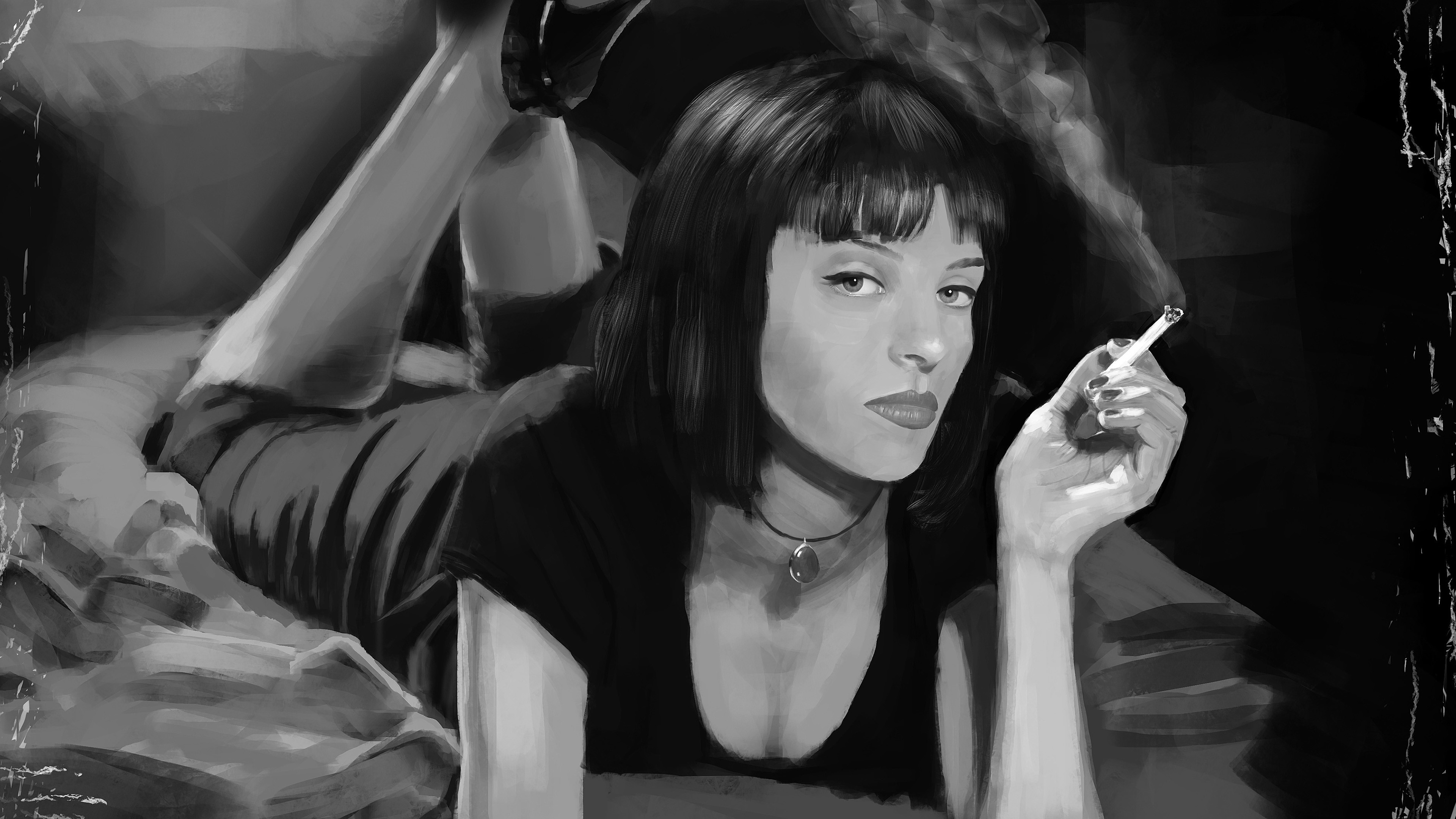 4K, cigarettes, Mia Wallace, Uma Thurman, Pulp Fiction, artwork, movies, lying on front, monochrome, in bed, smoke, actress, women, painting Gallery HD Wallpaper