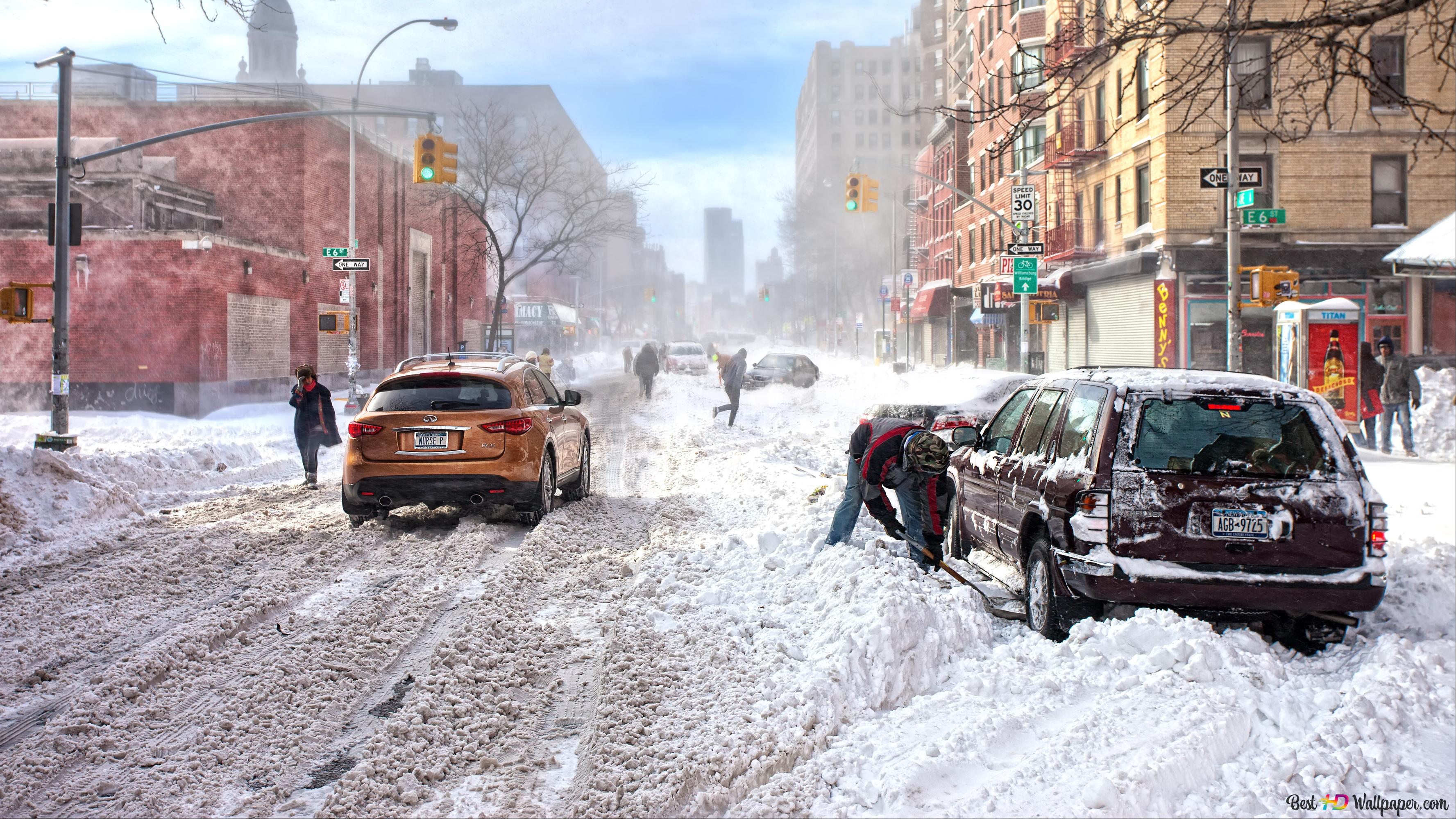 Snowstorm captured the city 4K wallpaper download