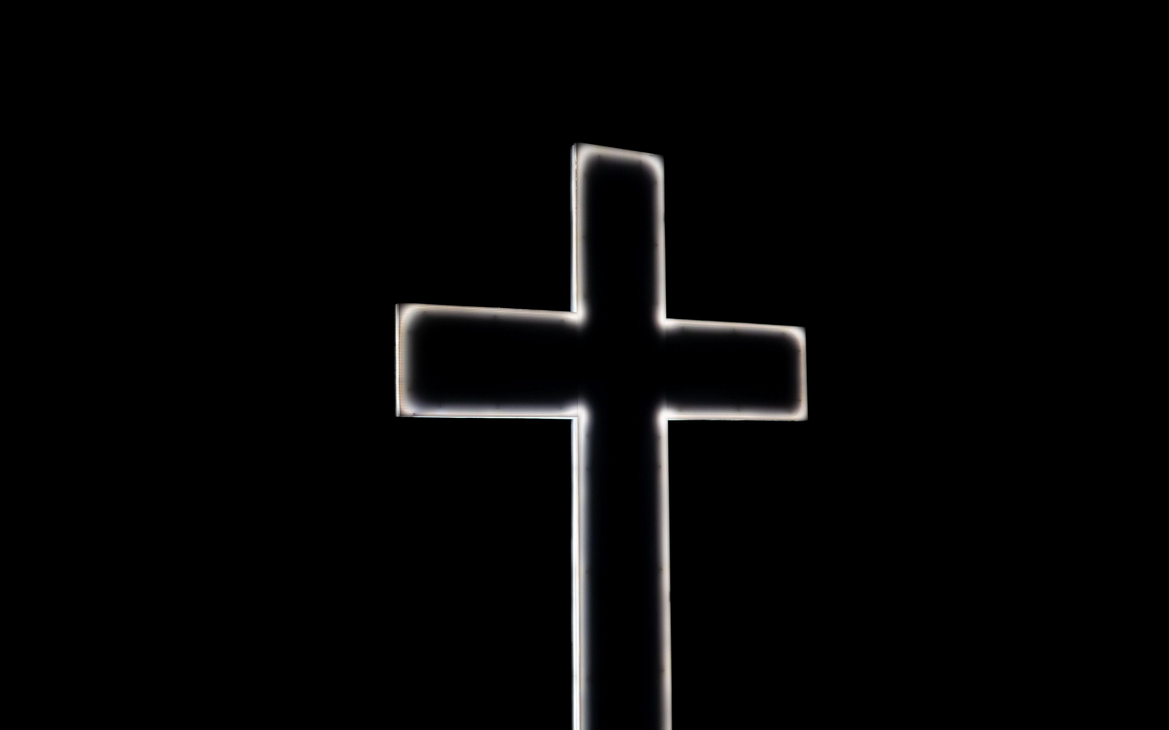 Download wallpaper 3840x2400 cross, religion, god, neon, black and white, black 4k ultra HD 16:10 HD background
