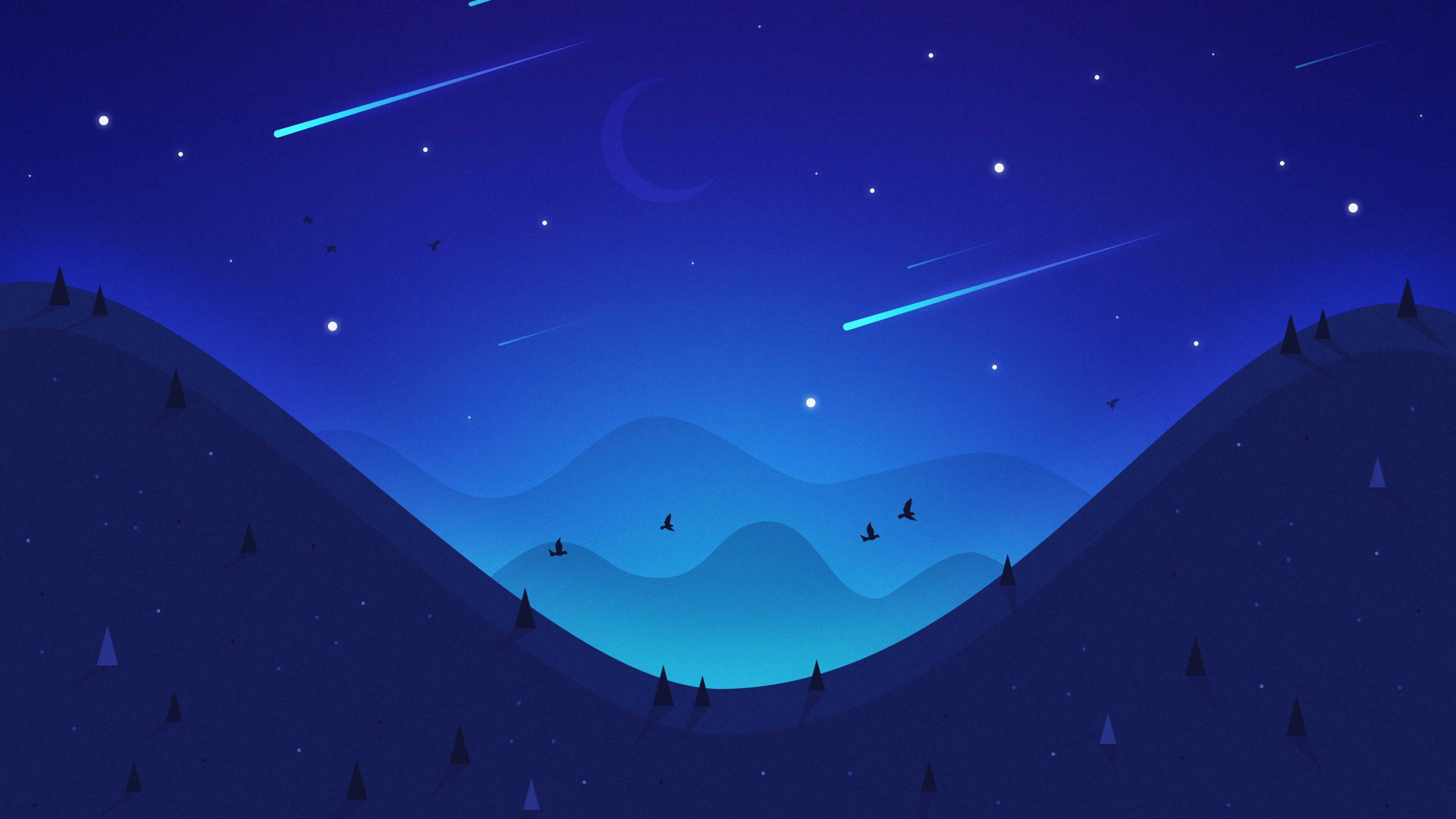Landscape Wallpaper 4K, Night, Moon, Falling stars