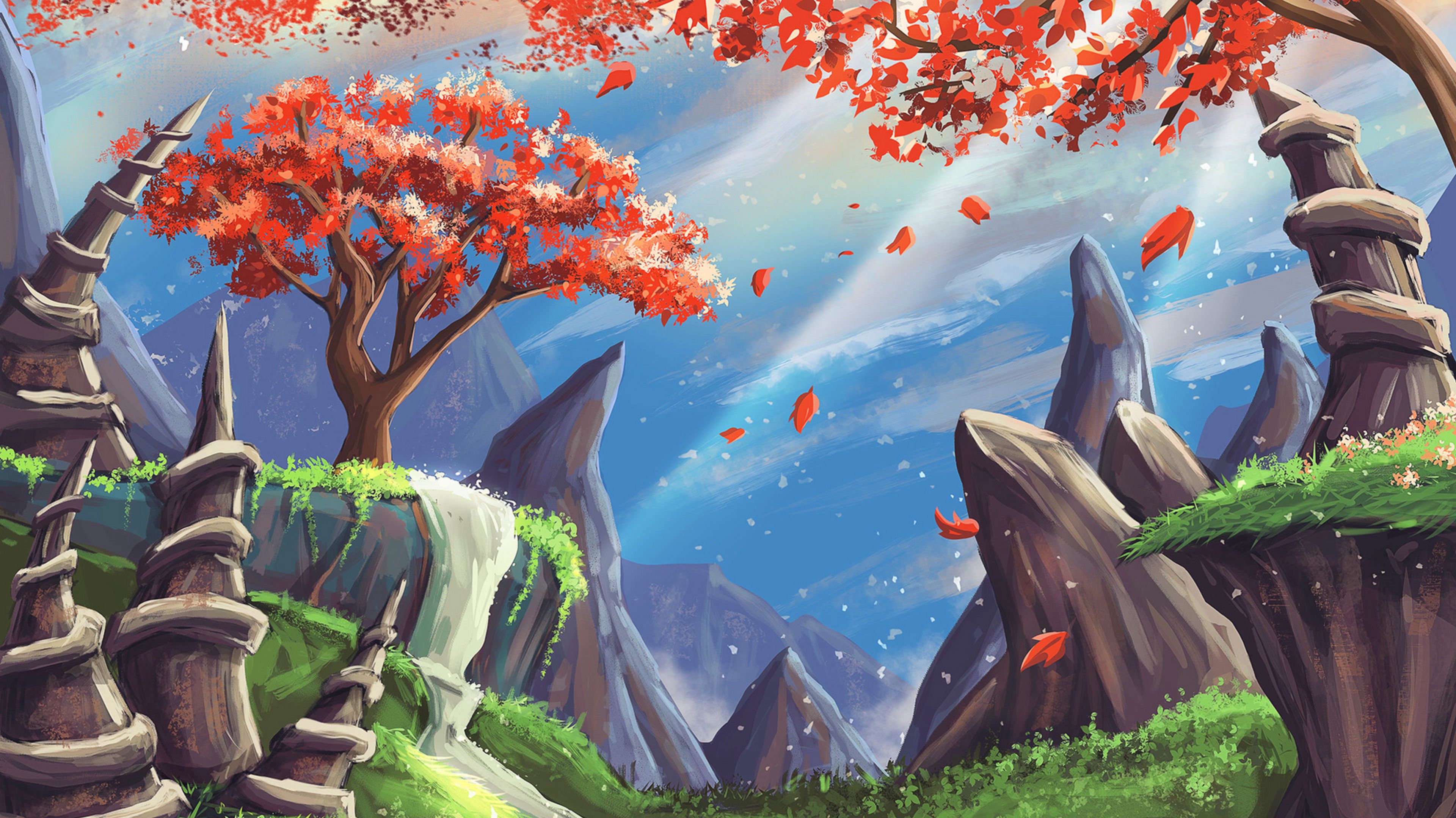 Wallpaper / landscape, art, tree, mountains, rocks, waterfall, 4k free download