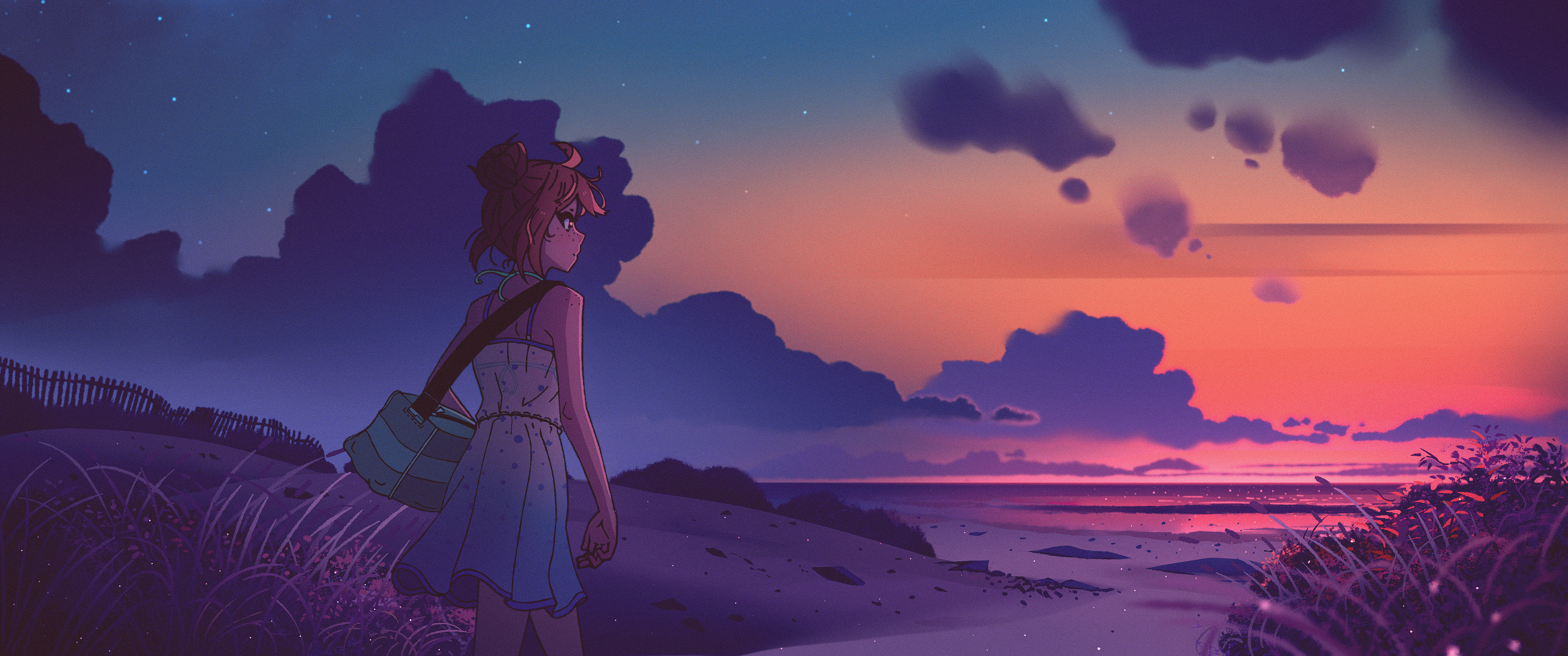 Wallpaper, atmosphere, light, cloud, nature, purple, Natural landscape, happy, ART, cg artwork, magenta, dusk, afterglow, sunrise, horizon, sunset, astronomical object, fun, dawn, illustration, red sky at morning, evening, winter, ocean, animation