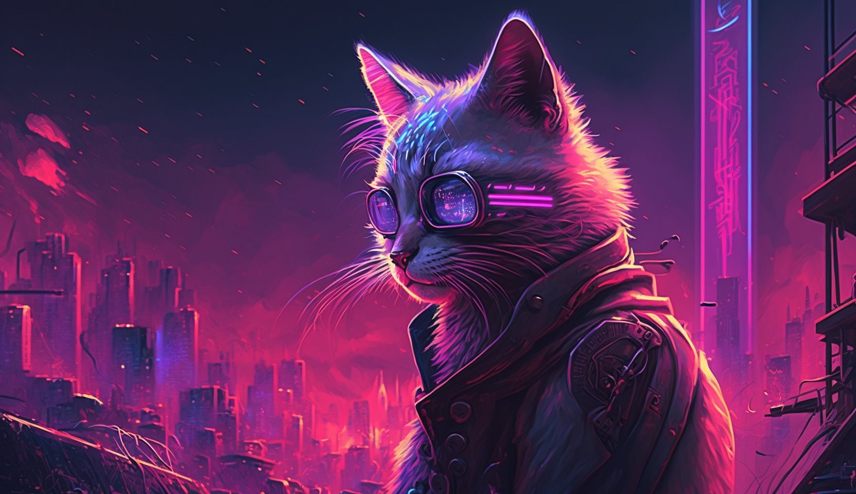 Cyberpunk Cat Neon Cityscape Digital Ai Artwork Desktop