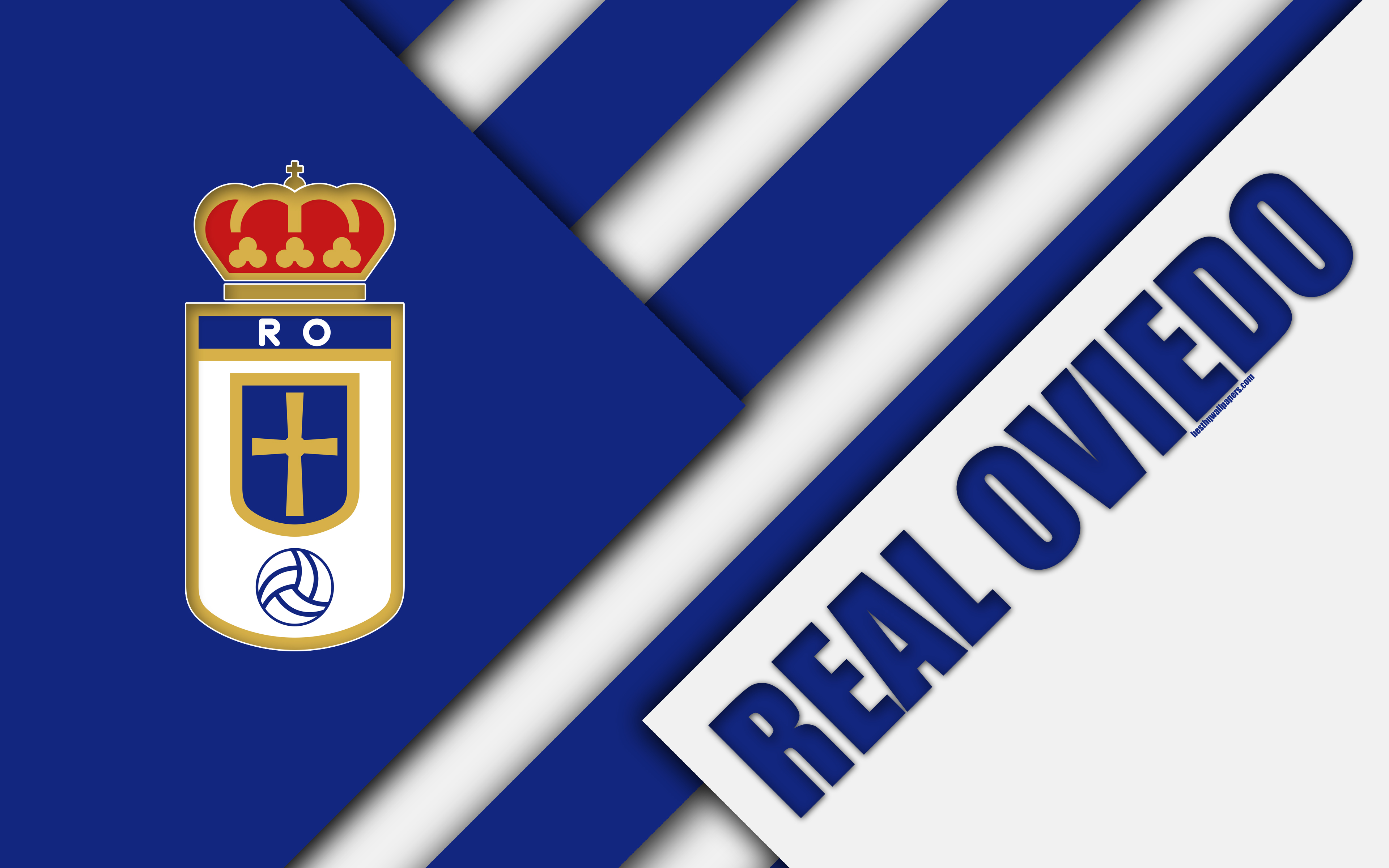 Download wallpaper Real Oviedo FC, 4k, material design, Spanish football club, blue white abstraction, logo, Oviedo, Spain, Segunda Division, football for desktop with resolution 3840x2400. High Quality HD picture wallpaper