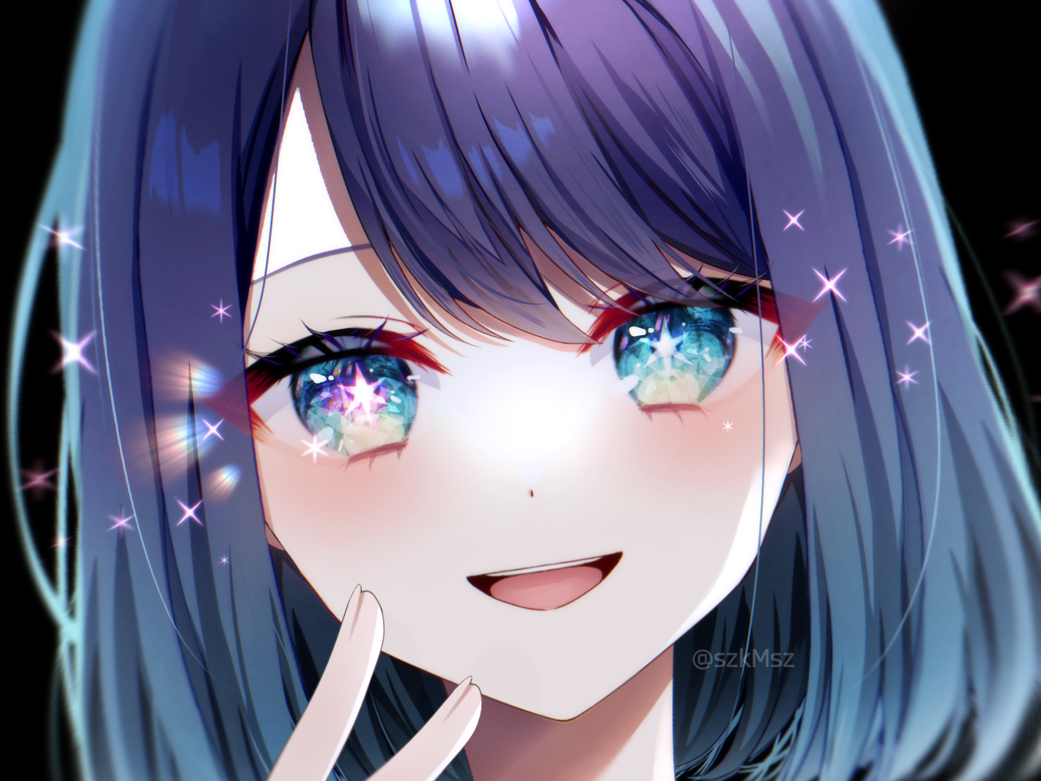 Safebooru blue eyes blue hair commentary gradient hair highres kurokawa akane looking at viewer multicolored hair open mouth oshi no ko short hair sideways smile solo sparkle star (symbol) star