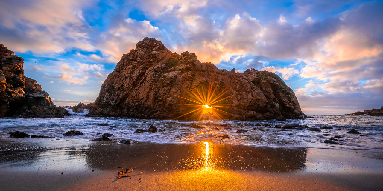 Wallpaper Rays of light California USA Pfeiffer Beach Sun Crag