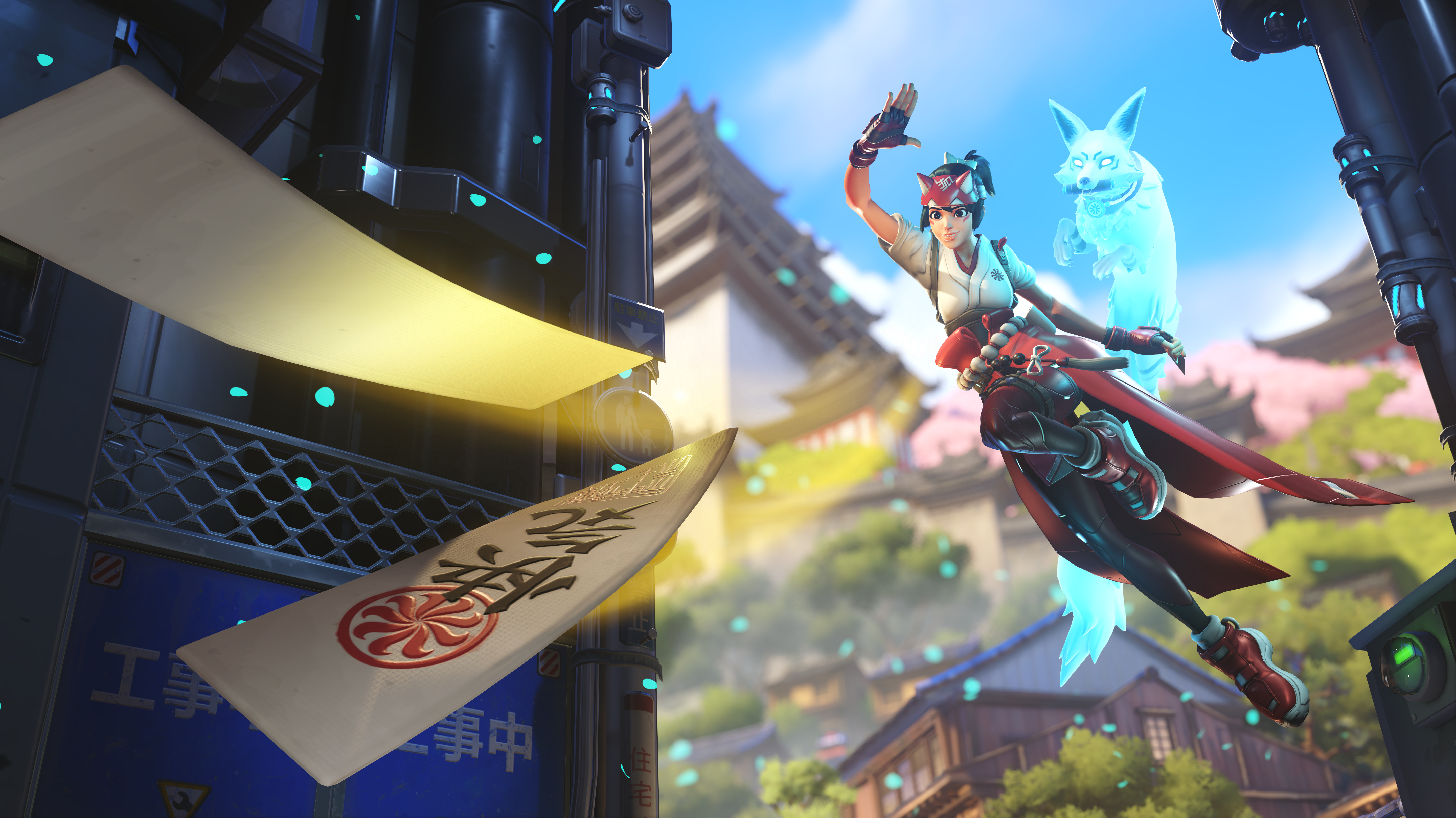 Wallpaper, Kiriko Overwatch, video games, video game girls, fox, video game characters, screen shot, floating particles, green hair, Blizzard Entertainment, asian clothing, Spirit, Japan, Asian architecture, fingerless gloves, smiling, jumping 5760x3240