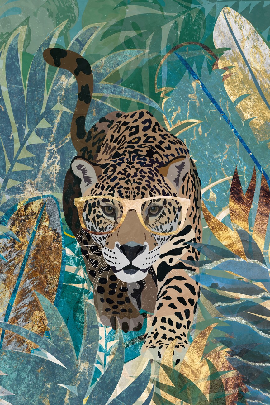 Curious Jaguar in the gold and green jungle Wall Mural