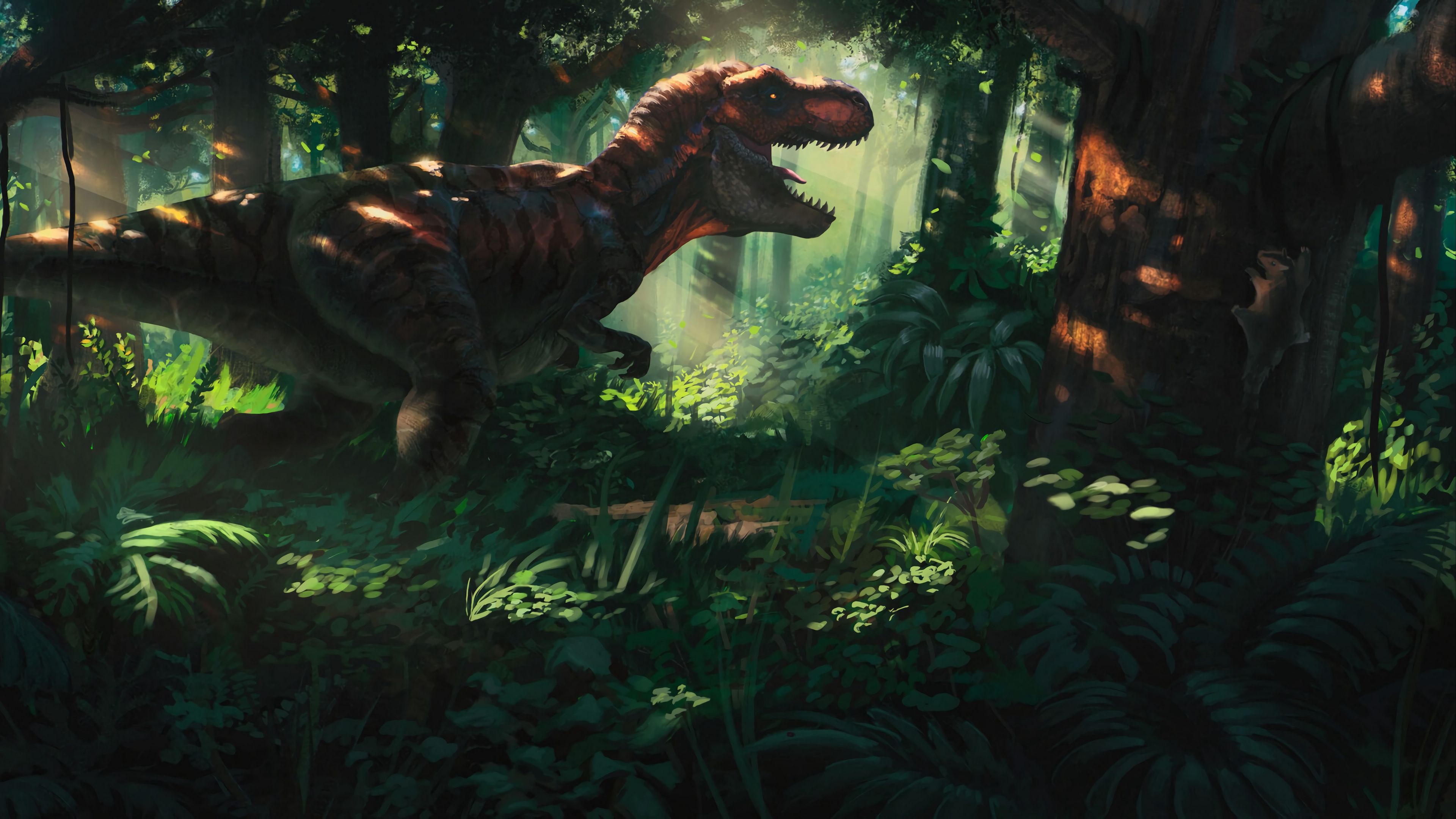 Wallpaper / tyrannosaurus, dinosaur, jungle, forest, art, 4k free download