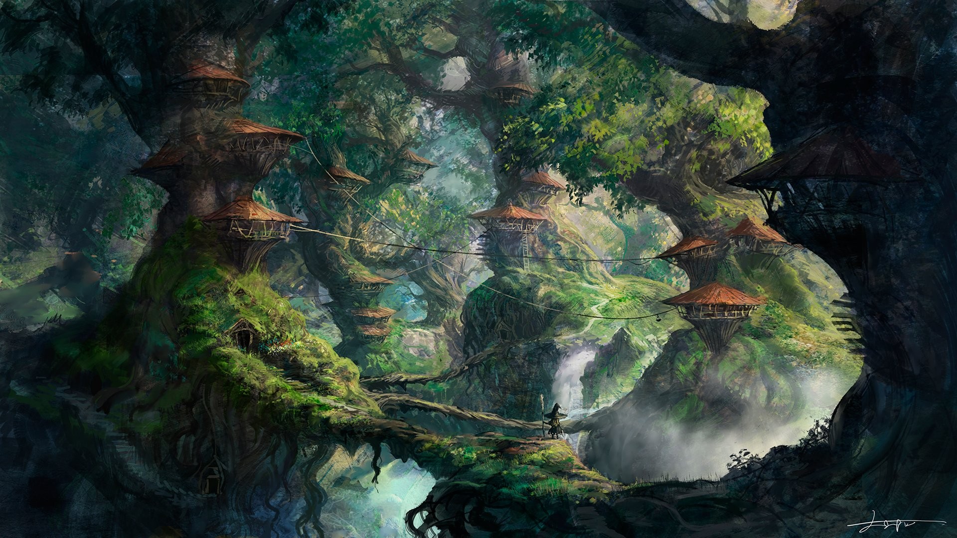 Wallpaper, trees, forest, digital art, fantasy art, reflection, artwork, Earth, wizard, jungle, stream, swamp, wetland, Terrain, screenshot, habitat 1920x1080