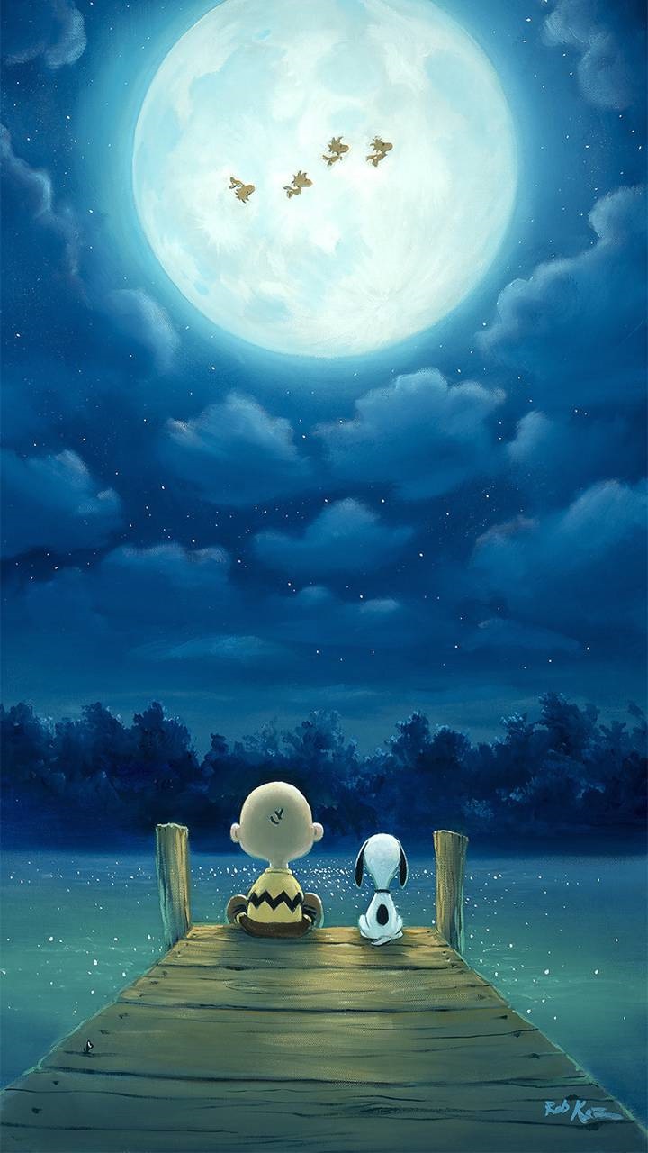 Wallpaper / Comics Peanuts Phone Wallpaper, Cartoon, Charlie Brown, Snoopy, Moon, Pier, 720x1280 free download
