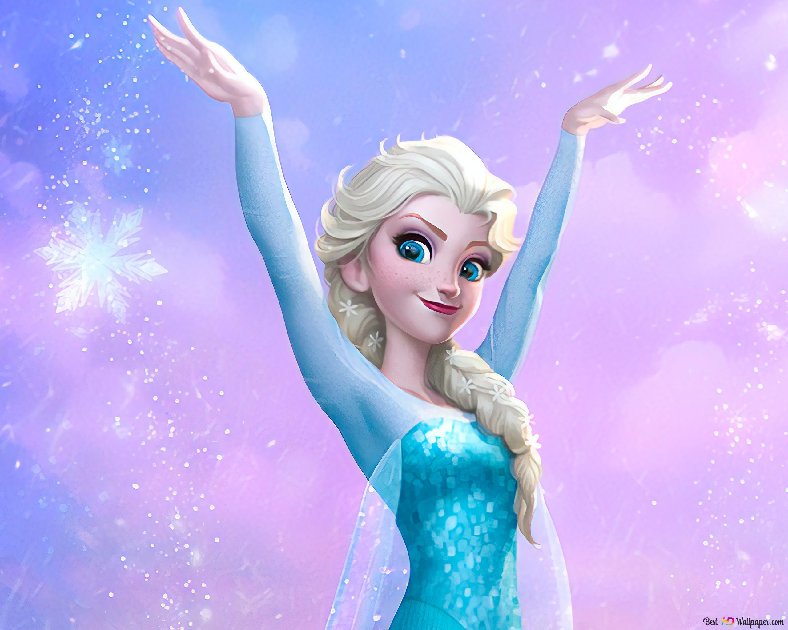Queen Elsa with snowflakes and pink sky background 4K wallpaper download