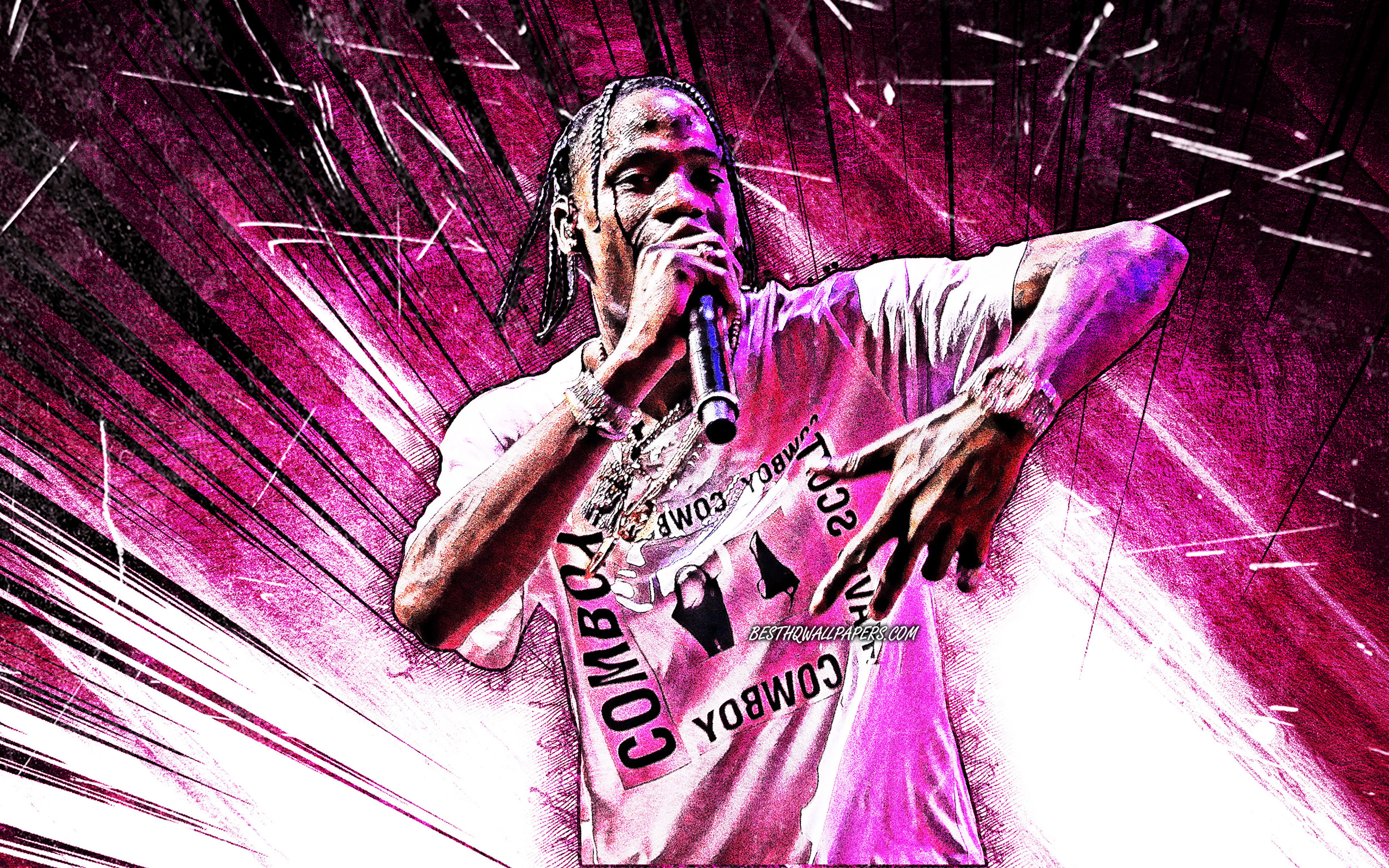 Download wallpaper 4k, Travis Scott, grunge art, american singer, music stars, creative, Jacques Berman Webster II, purple abstract rays, american celebrity, Travis Scott with microphone, superstars, Travis Scott 4K for desktop with