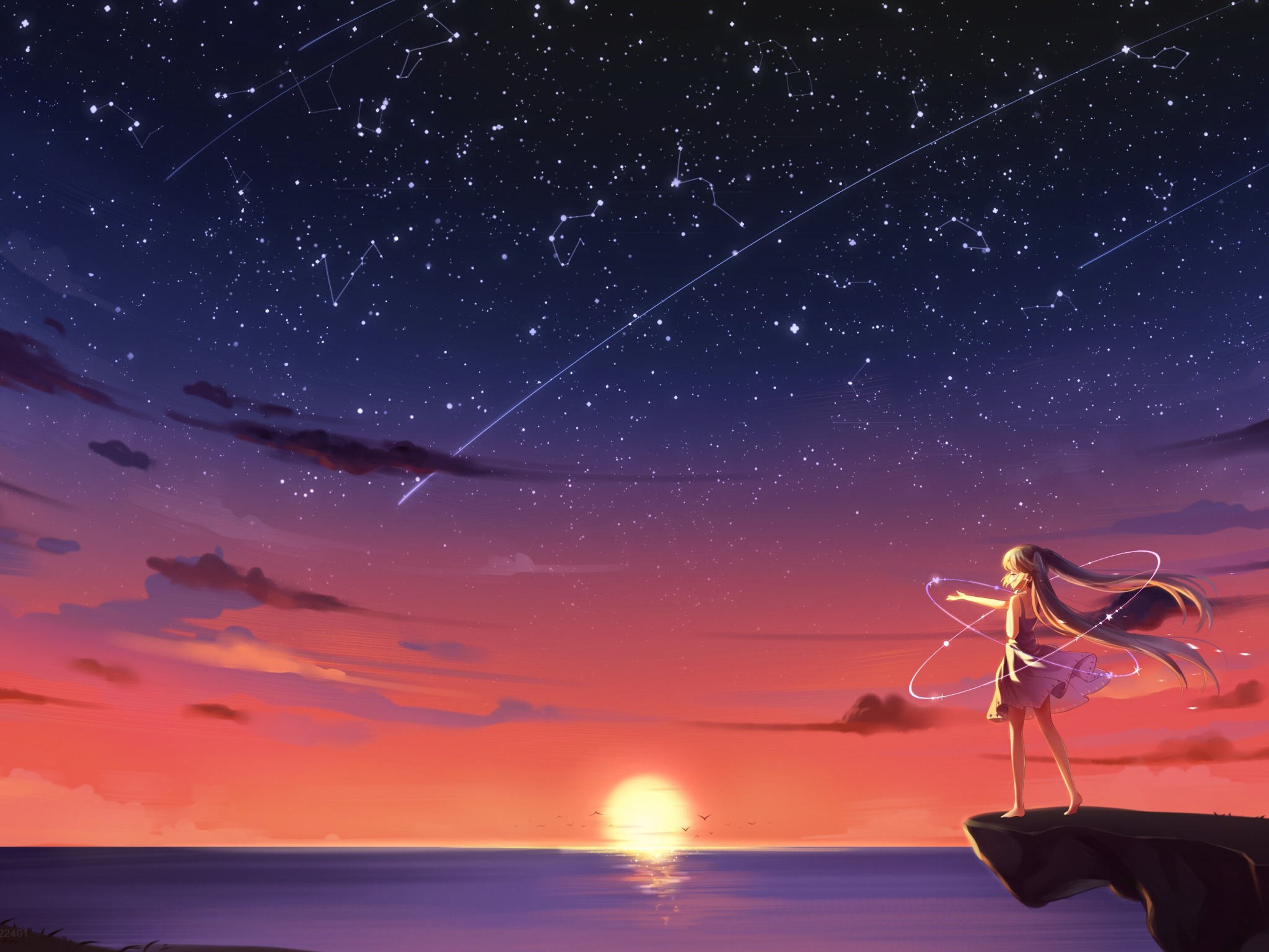 Wallpaper 4k Anime Girl Barefoot Blonde Sky Stars Sunset 4k Wallpaper