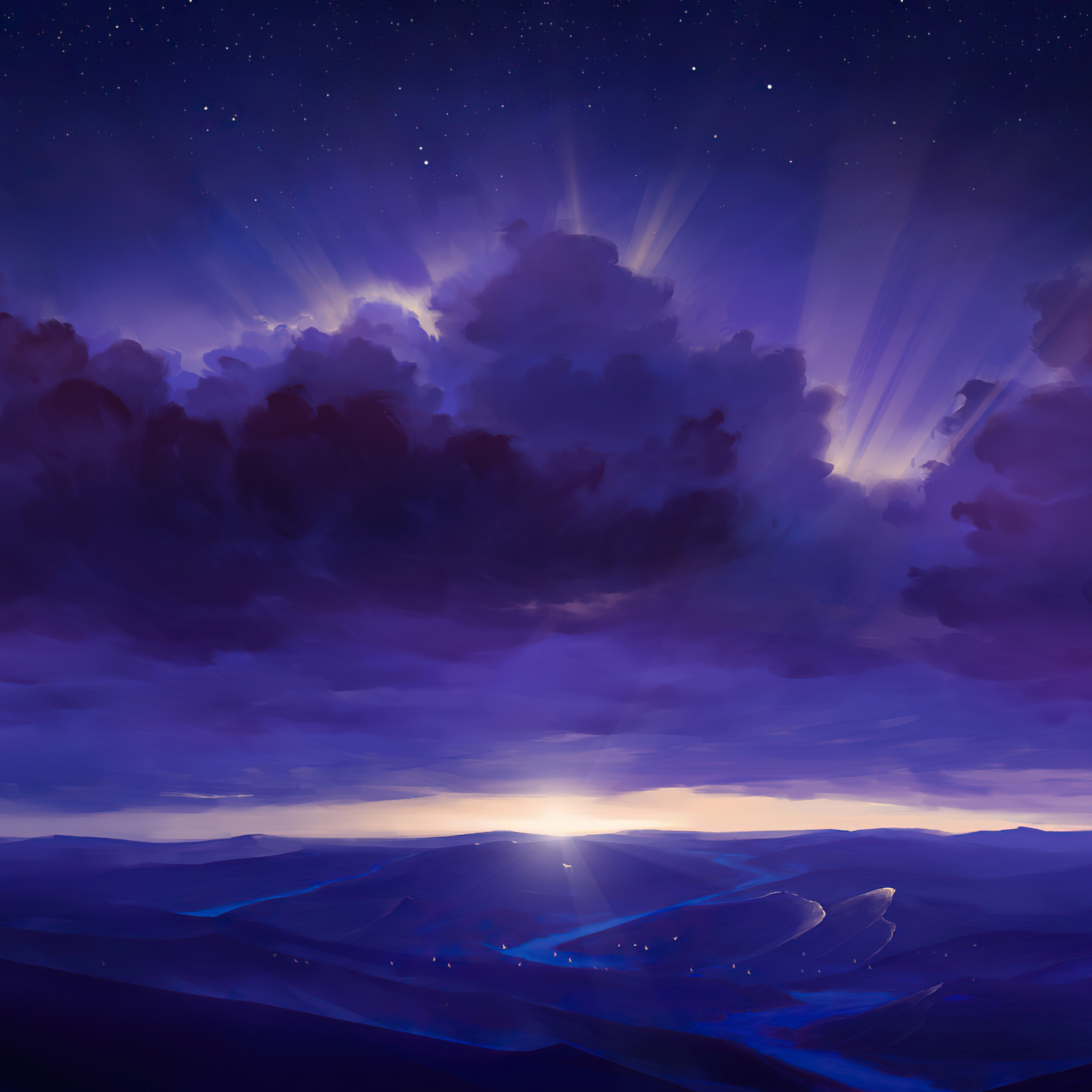 Purple Rays Sky Stars Digitalart River 4k iPad Pro Retina Display HD 4k Wallpaper, Image, Background, Photo and Picture