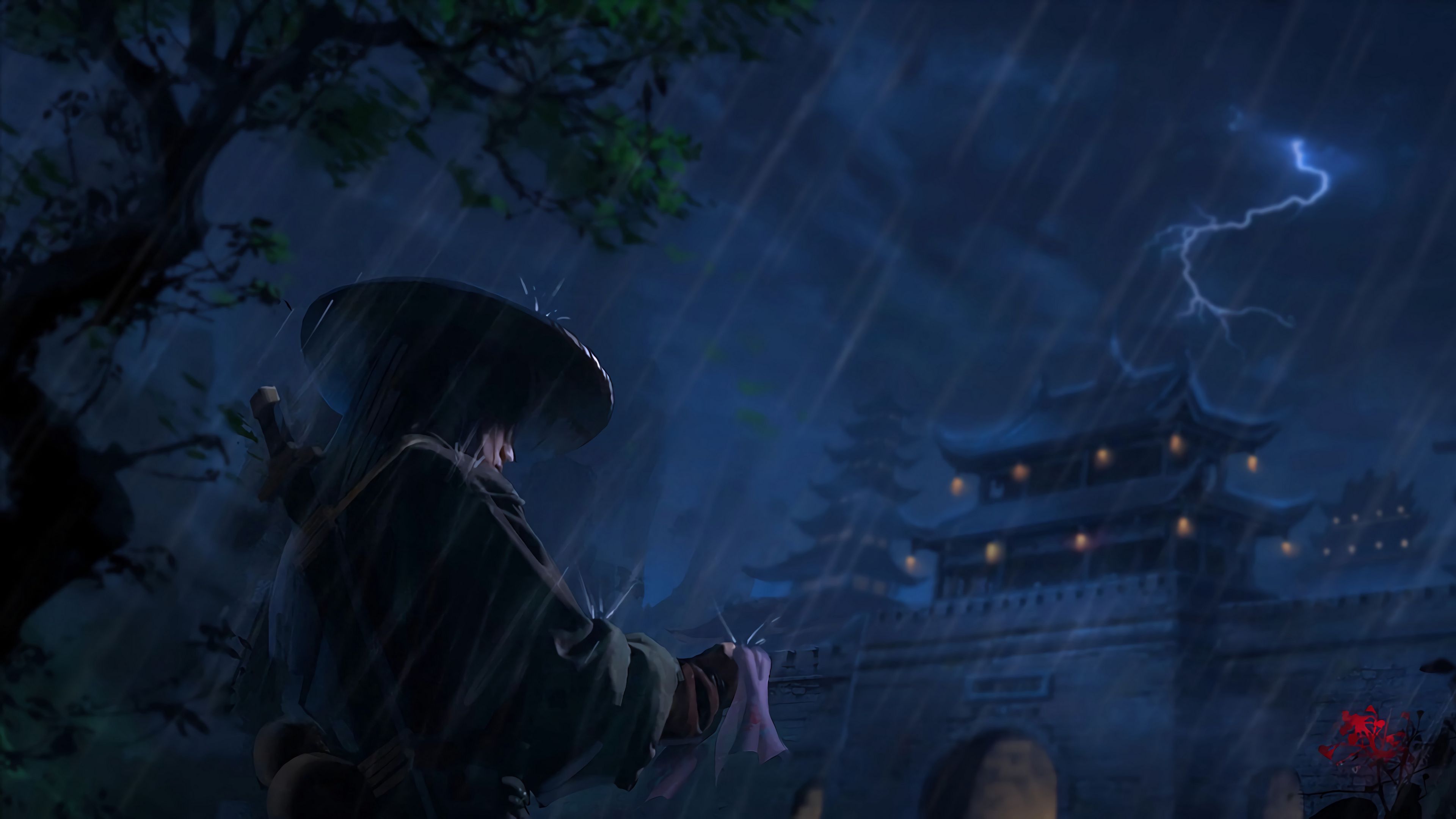 Download wallpaper 3840x2160 samurai, warrior, katana, rain, art, dark 4k uhd 16:9 HD background