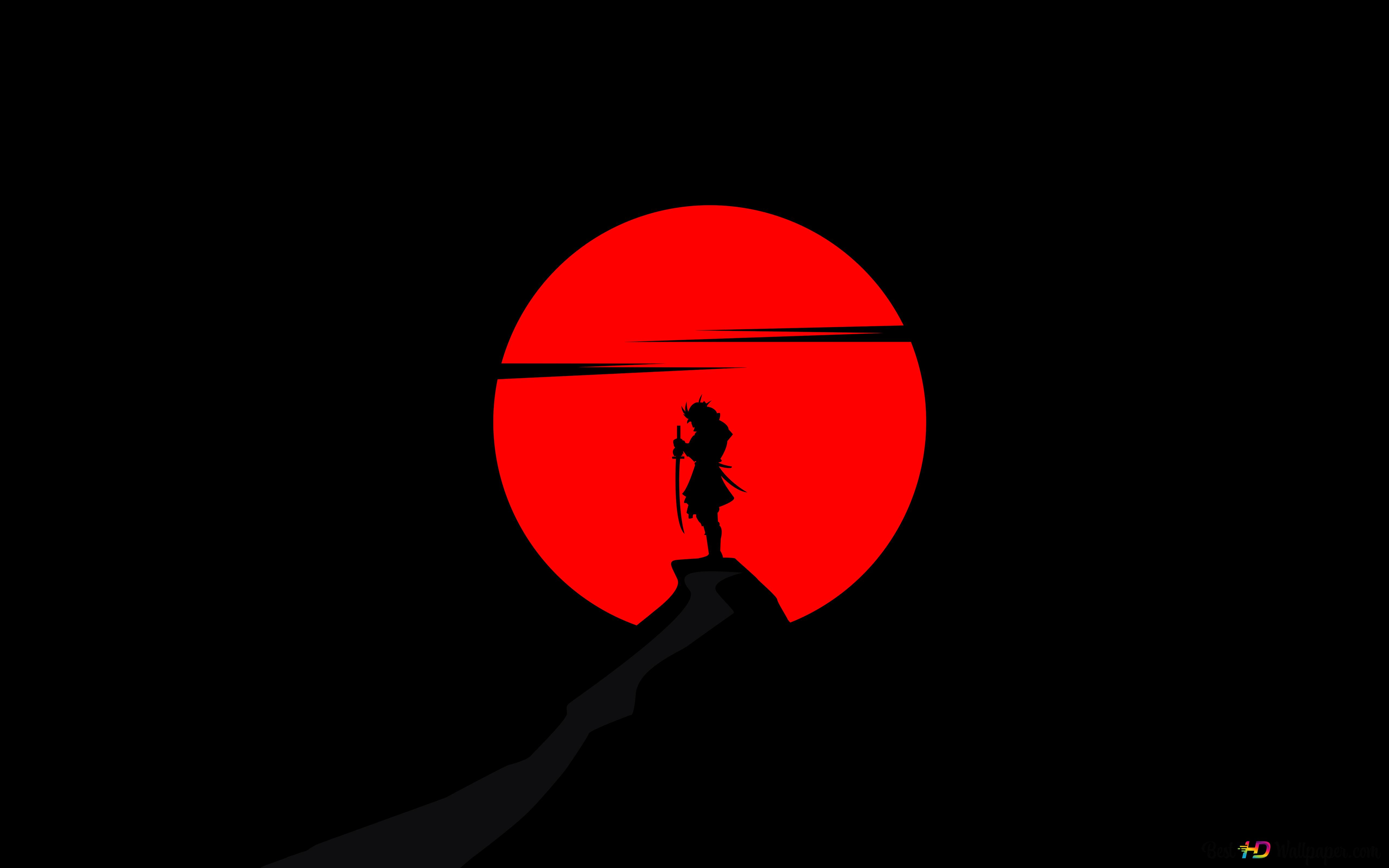 Alone Samurai shadow on red moon 8K wallpaper download