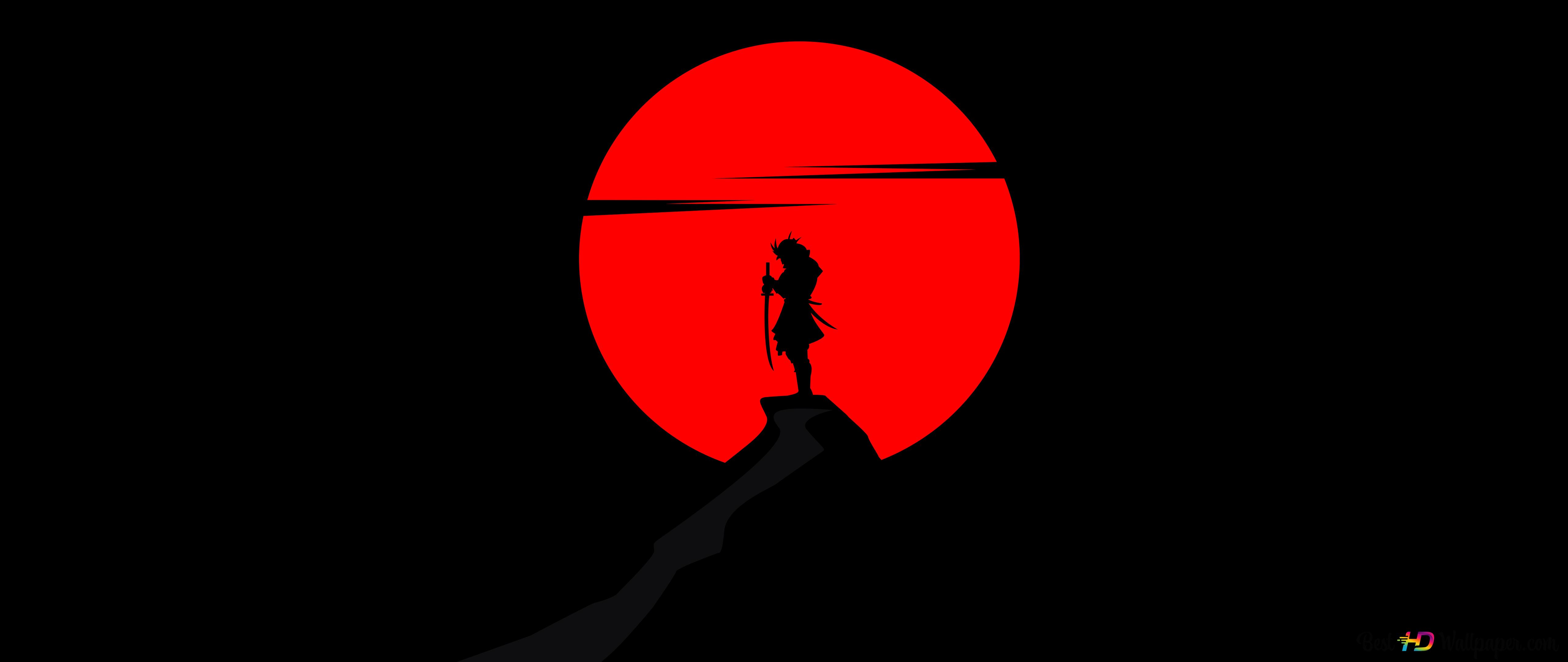 Alone Samurai shadow on red moon 8K wallpaper download