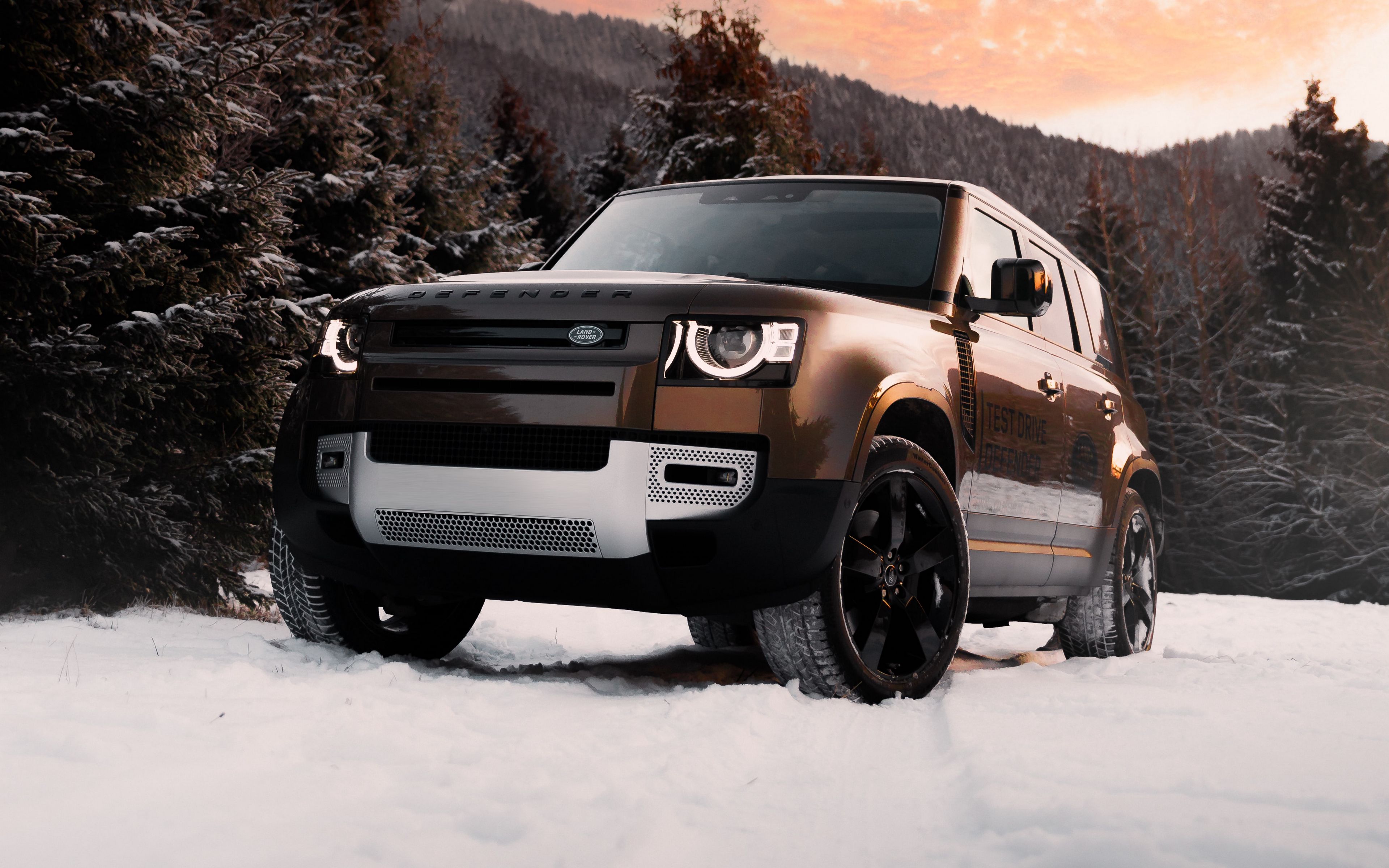 Download wallpaper 3840x2400 land rover defender, land rover, car, suv, brown, front view 4k ultra HD 16:10 HD background