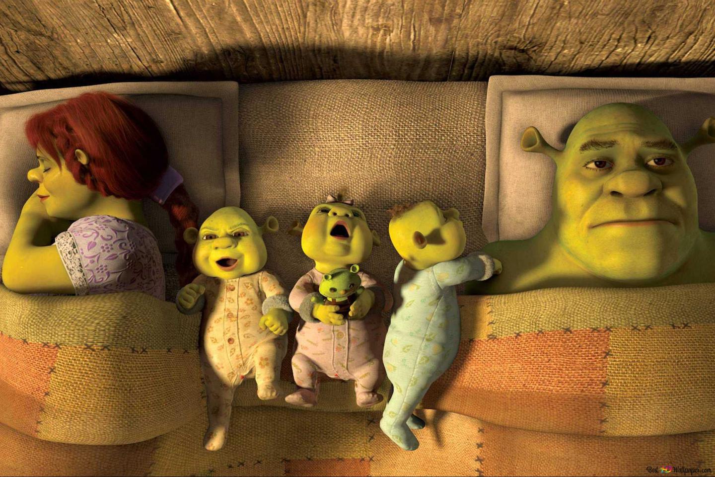 Shrek and princess fiona from the animated movie Shirek sleep with their children 2K wallpaper download