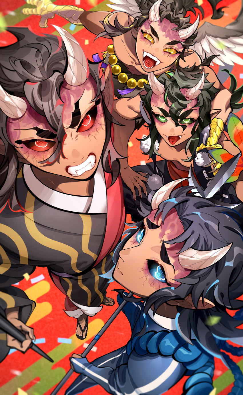 Safebooru :p Absurdres Aizetsu (kimetsu No Yaiba) Bead Belt Black Hair Black Sclera Blue Eyes Colored Sclera Dark Skinned Male Dark Skin Demon Demon Boy Demon Horns Fangs Feathered Wings Fingernails