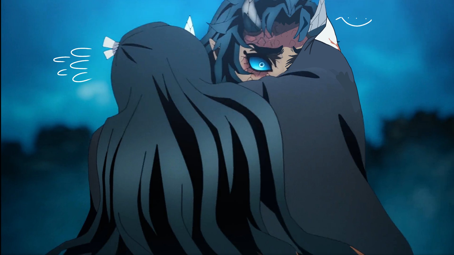 Nesko!! ✿ Nezuko's n1 fan!!! if nezuko actually gave aizetsu a hug because he reminded her of someone/ because she felt bad? this is not a ship edit you