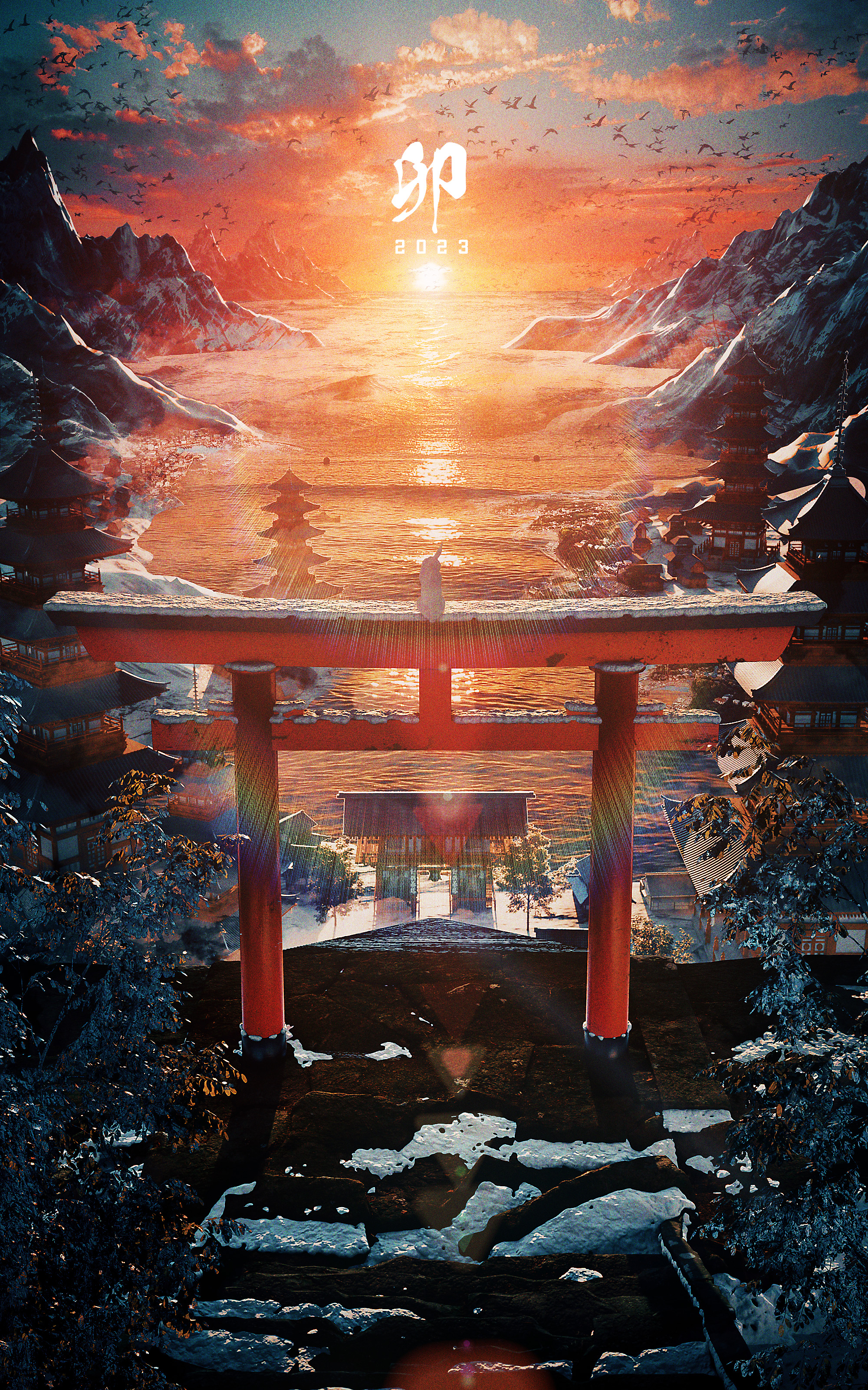 Wallpaper, sunrise, Japan, torii, snow 2000x3200