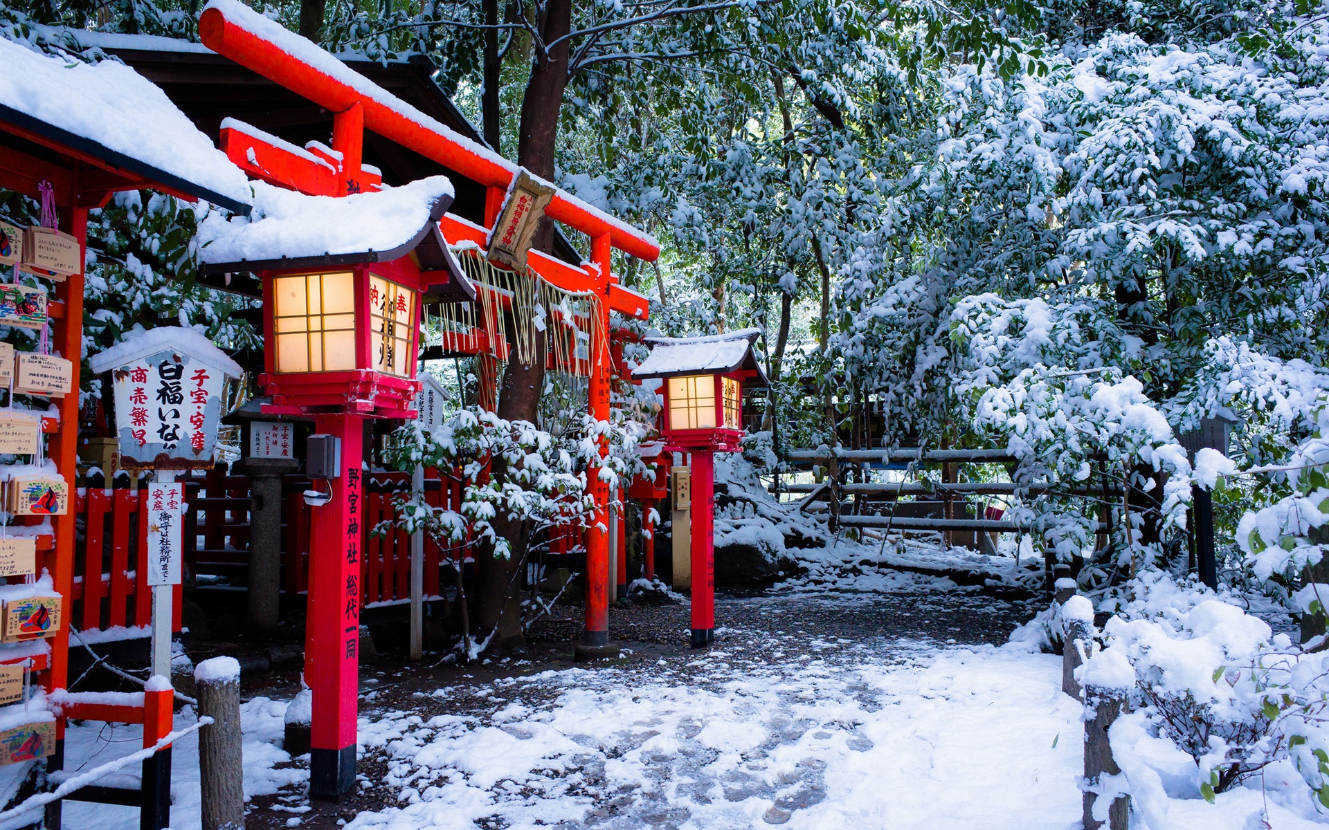 Wallpaper Shrine, Torii gate, Kyoto, Japan, winter, snow, trees 1920x1440 HD Picture, Image